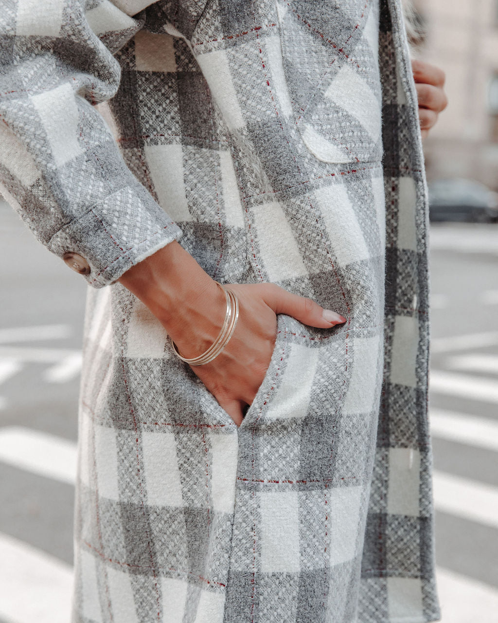 Bridgeview Pocketed Plaid Coat - Grey - Se7enfashion