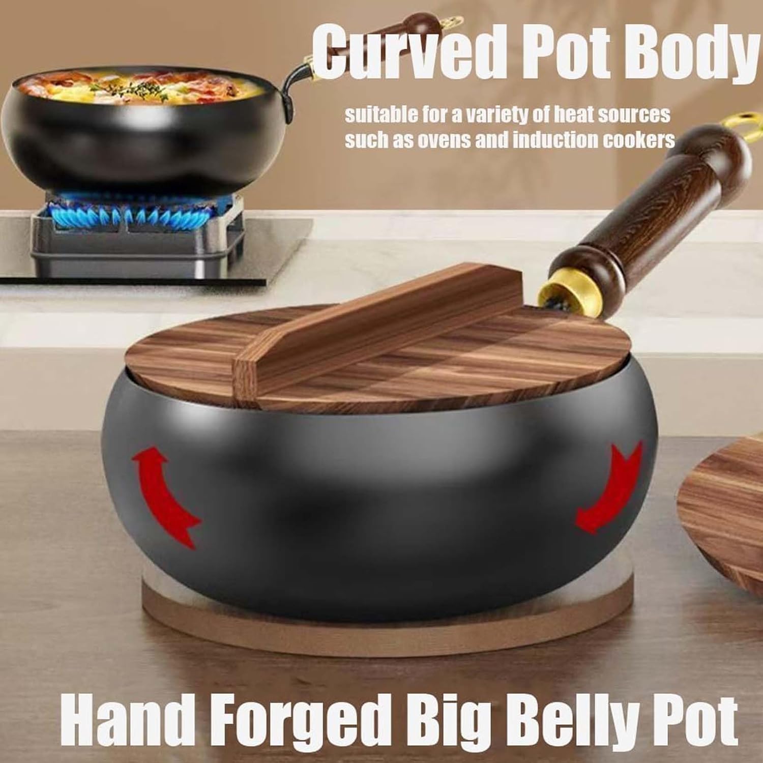 Uncoated Thick Iron Pot, Japanese Uncoating Cast Iron Pot, IronPot Pro, Multifunctional Non-Stick Cast Irons Wok with Lid, High Purity Irons Frying Pan for Cooking (Hammer-Glass Cover, L-11in)