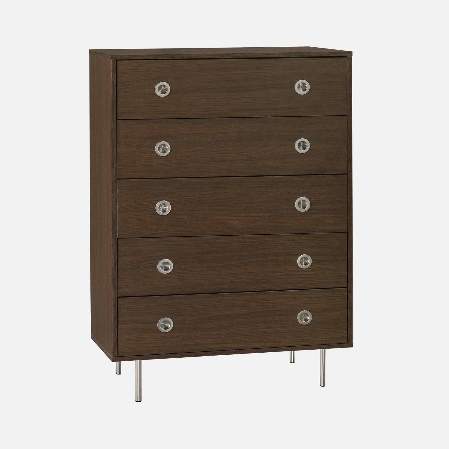 Shelby - Cómoda vintage de madera y acero inoxidable con 5 cajones