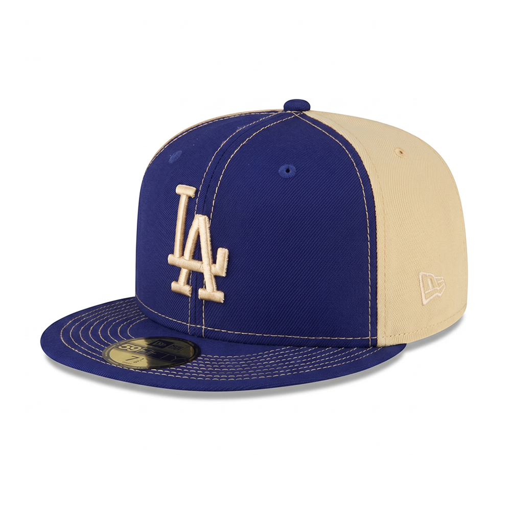 Front left angle of the two-tone Los Angeles Dodgers 59FIFTY Fitted Hat displaying the tan back panels and embroidered New Era flag logo.