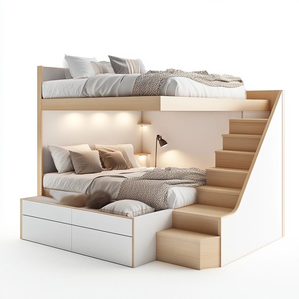 Cama literas moderna para dormitorio de madera pino blanco 135x200cm con almacenamiento