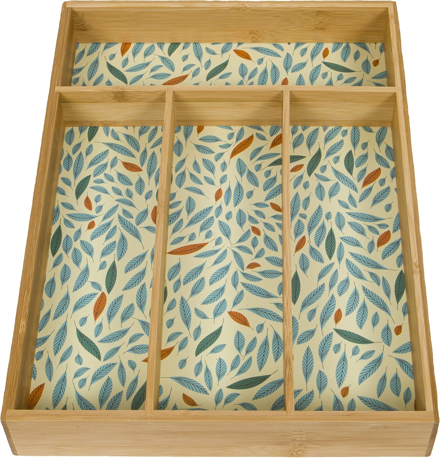 Evriholder DUOG6-AMZ Utensil Organizer Kitchen Drawer Divider, 4 Compartments with Decorative Feather Patterned Lining, Made of 100% Sustainably Sourced Bamboo, Green