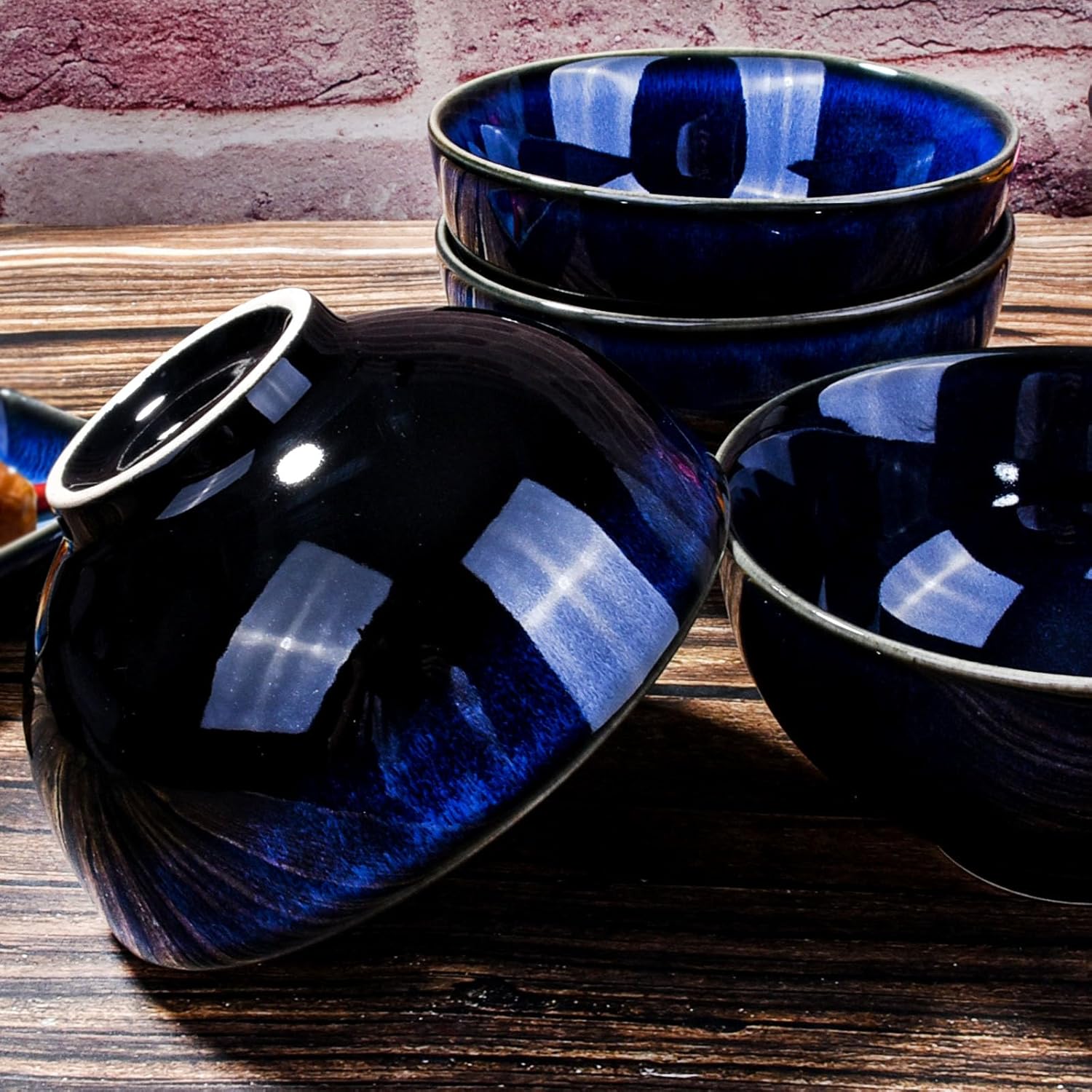Ceramic Rice Bowl Set of 4 Blue Cereal Bowls for Soup Rice Oat Microwave and Dishwasher Safe