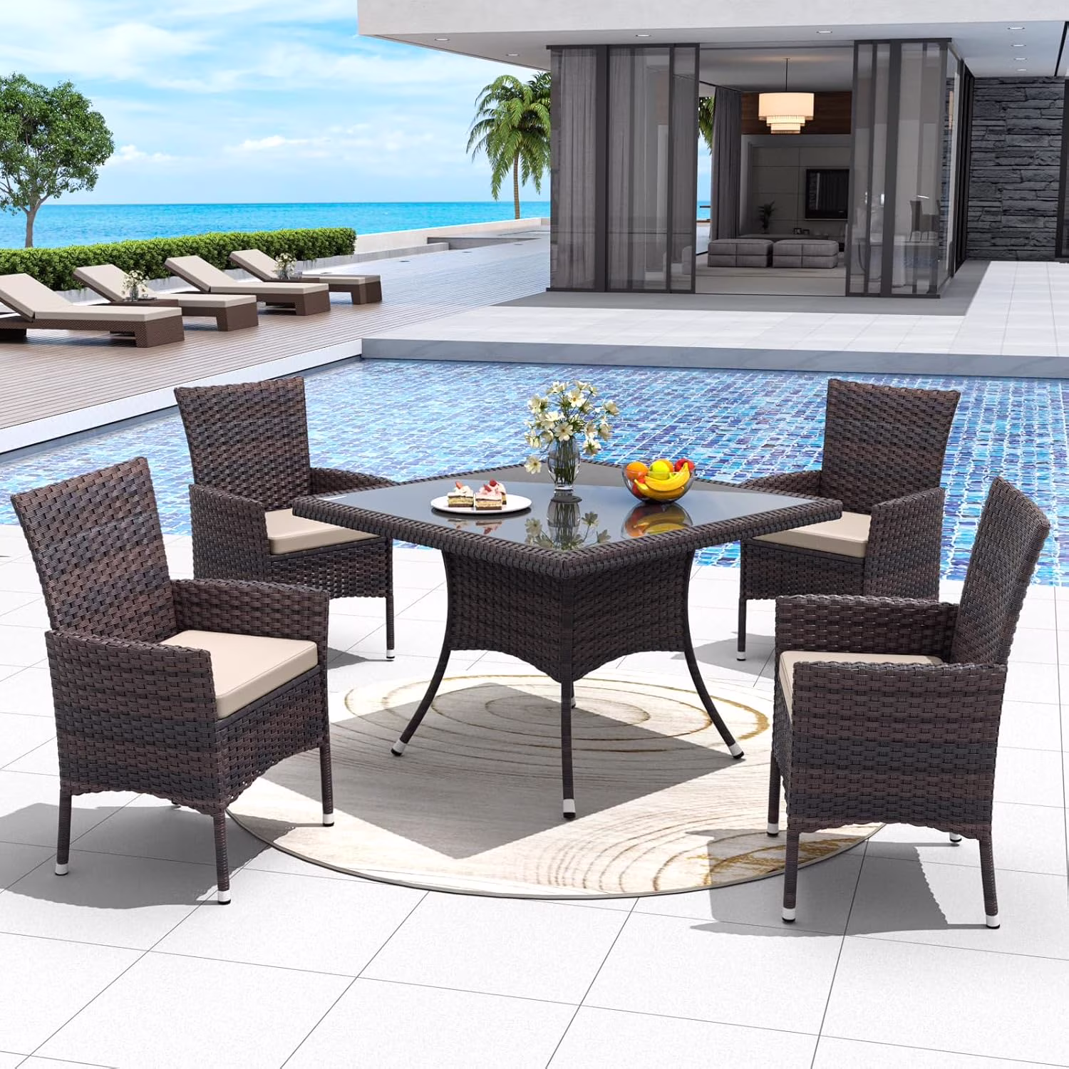 ALAULM 5 Pieces Patio Dining Set Outdoor Rattan Furniture with Square Glass Tabletop 4 Chairs with Cushions for Patio, Backyard Outdoor Kitchen Lawn & Garden Blue - Image 11