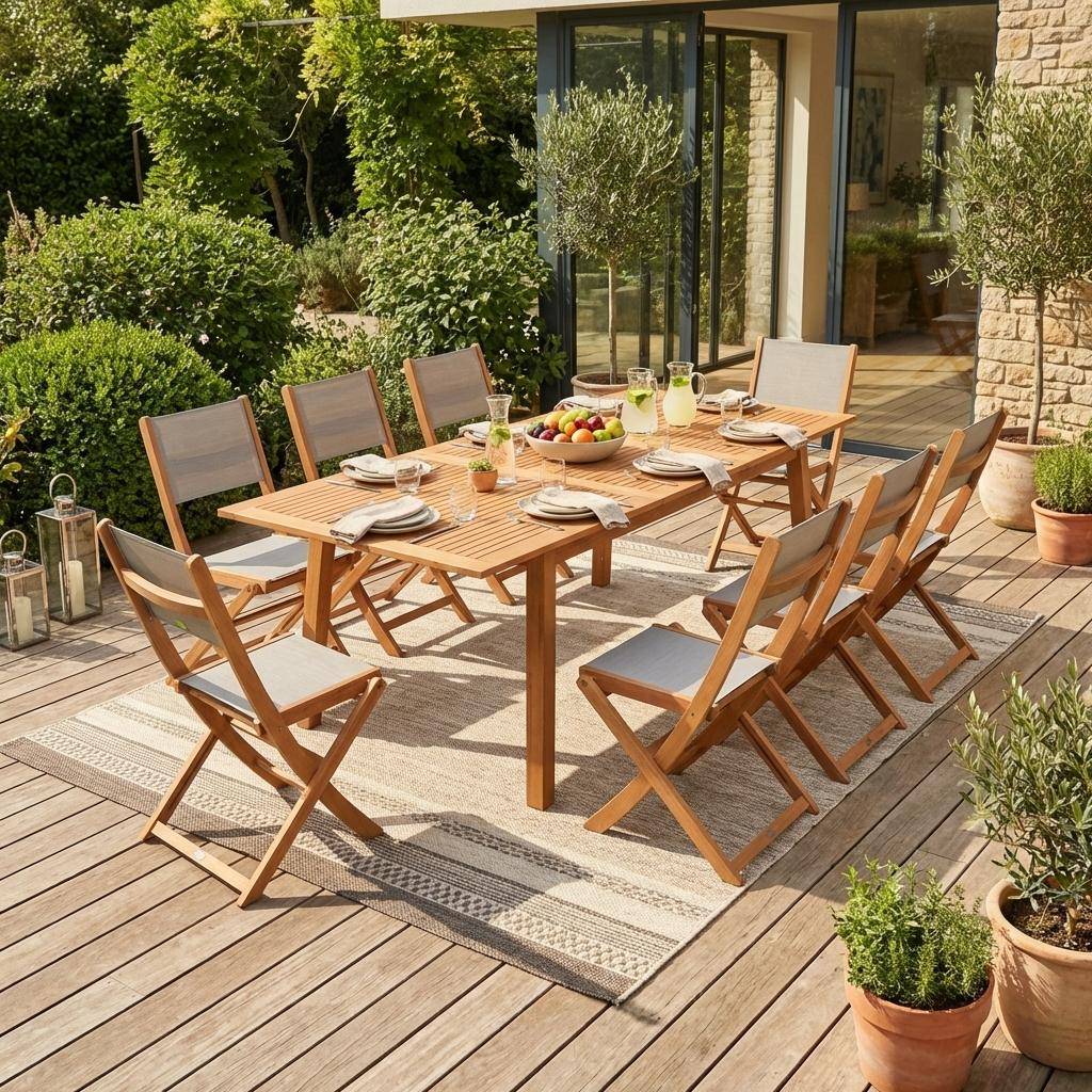 Almeria 8 - Mesa de jardín de madera extensible, 8 sillas