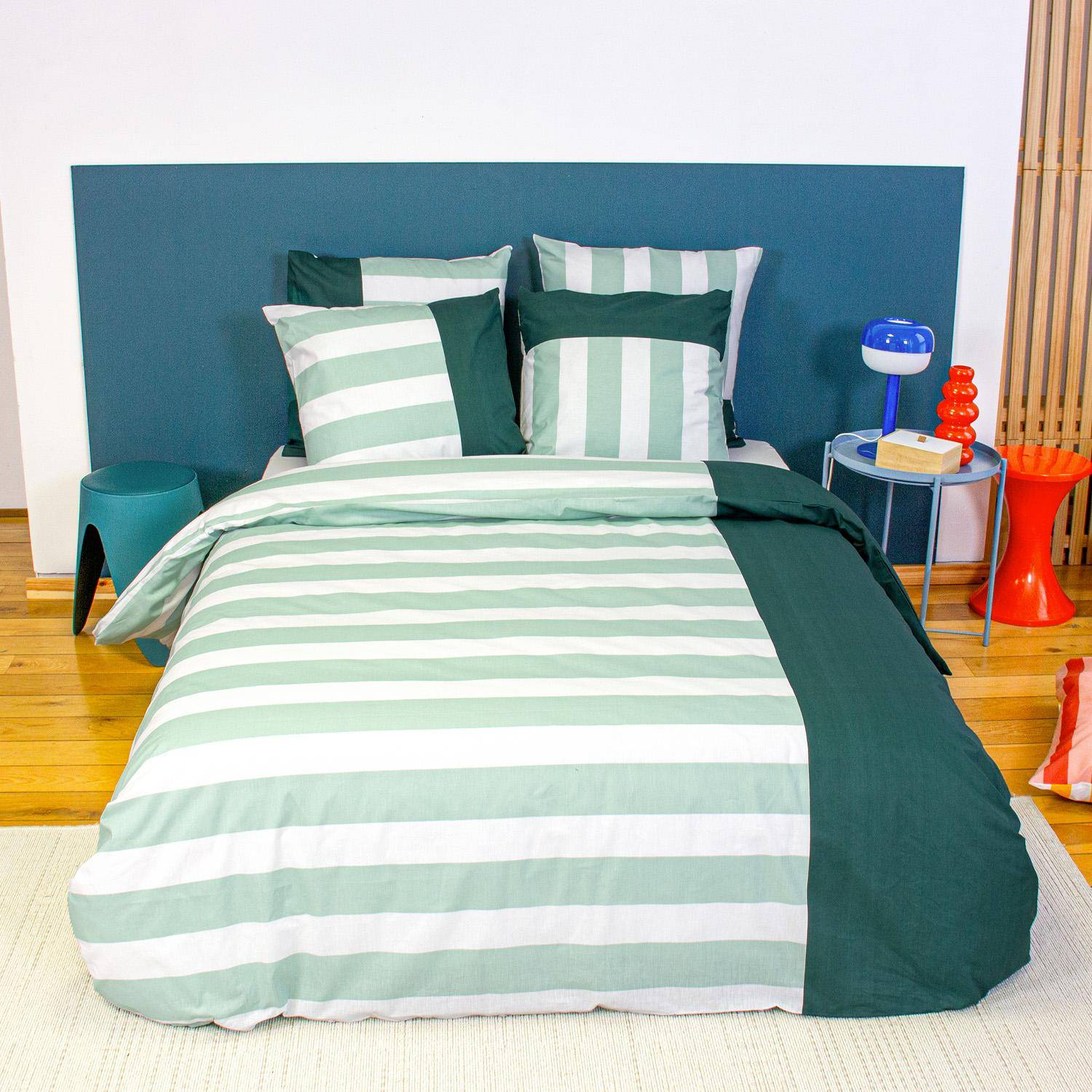 Tendora - Juego de cama de algodón con estampado de rayas, 2 plazas, blanco y verde