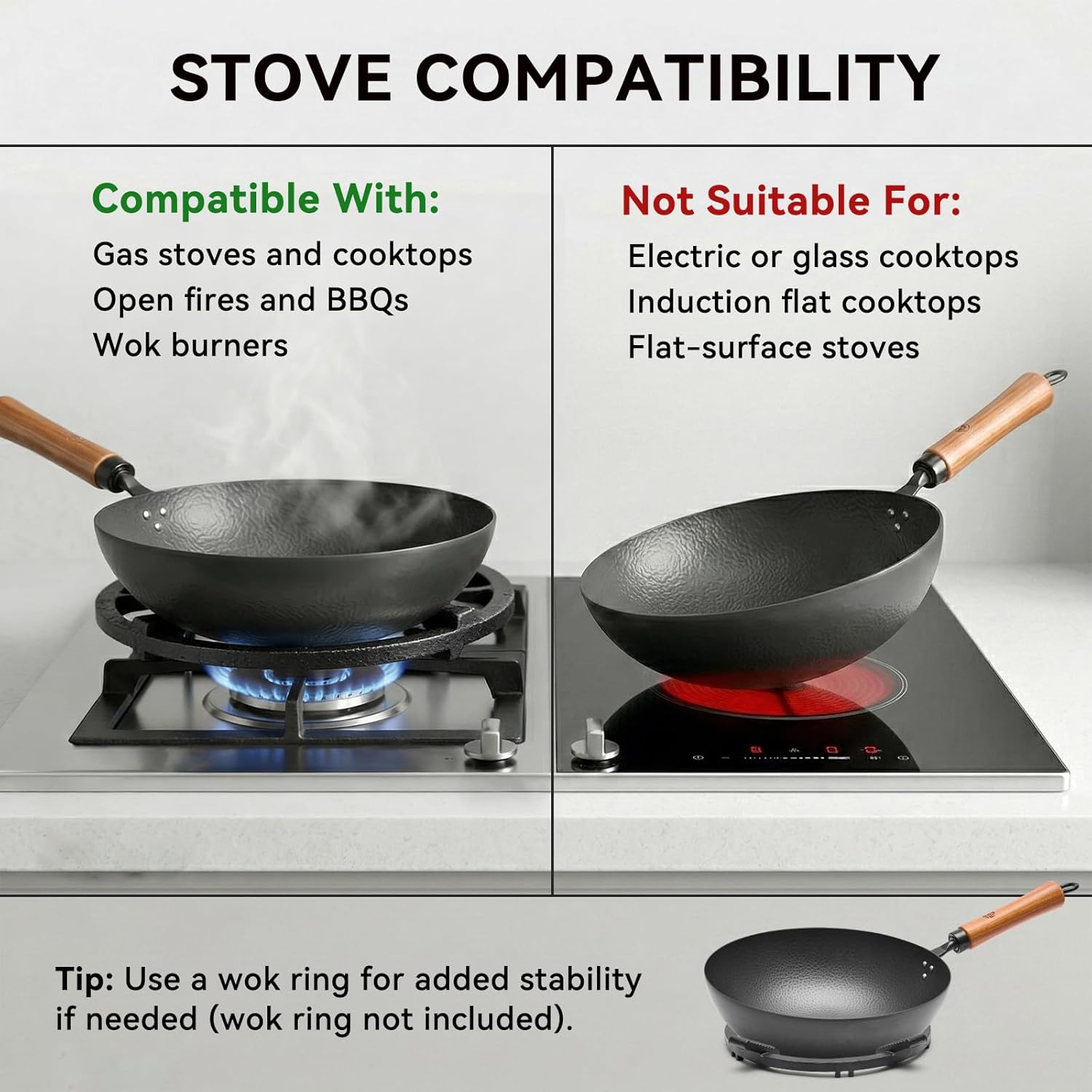 WANGYUANJI Carbon Steel Wok Pan 11 Inch - Round Bottom Traditional Pow Wok (Requires Gas Stove & Wok Ring) - No Coating Hand Hammered Stir Fry Pan with Lid & Detachable Handle