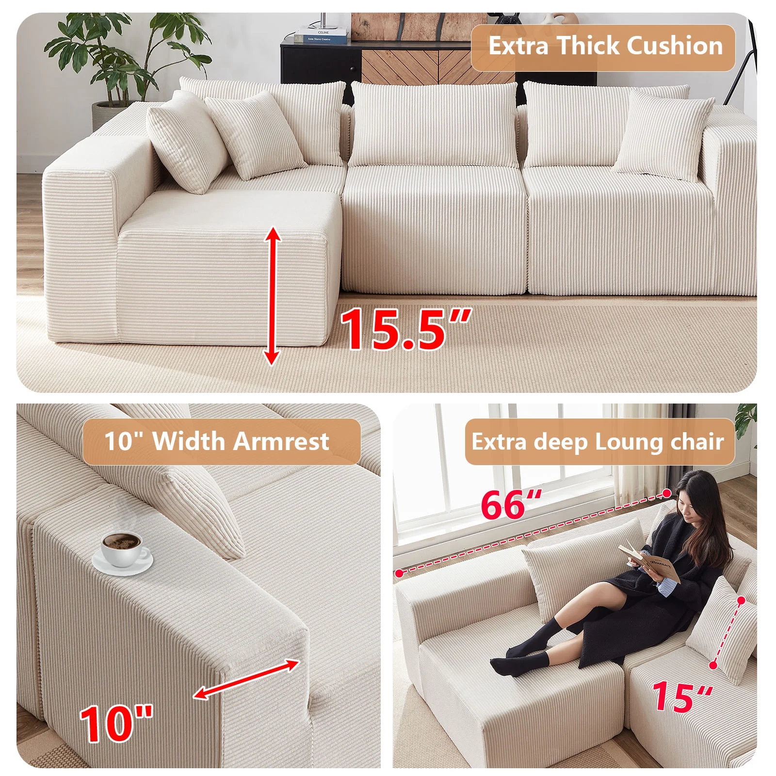 104-Inch Corduroy Modular L Shaped Sectional Sofa,Luxury Floor Couch Set,Upholstered Indoor Furniture,Foam-Filled Compressed Sofa for Living Room,Bedroom,4 PC Free Combination ? - Image 6