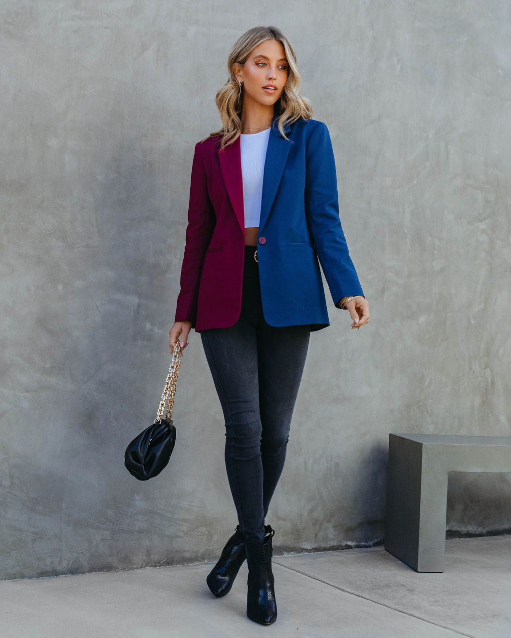 Double Take Pocketed Colorblock Blazer - Wine/Navy - Se7enfashion