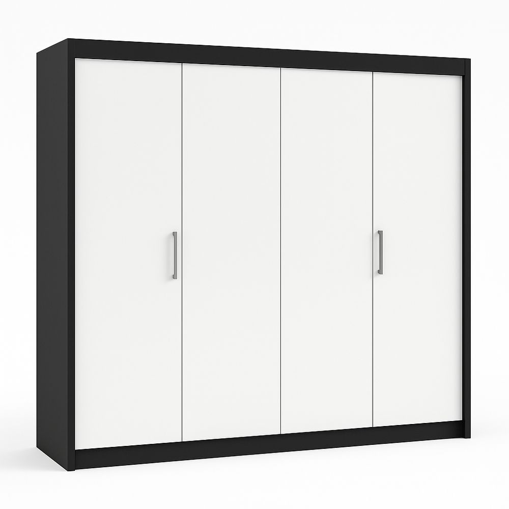 Armario moderno de cuatro puertas, estilo contemporáneo, acabado en negro y blanco, almacenamiento versátil y funcional