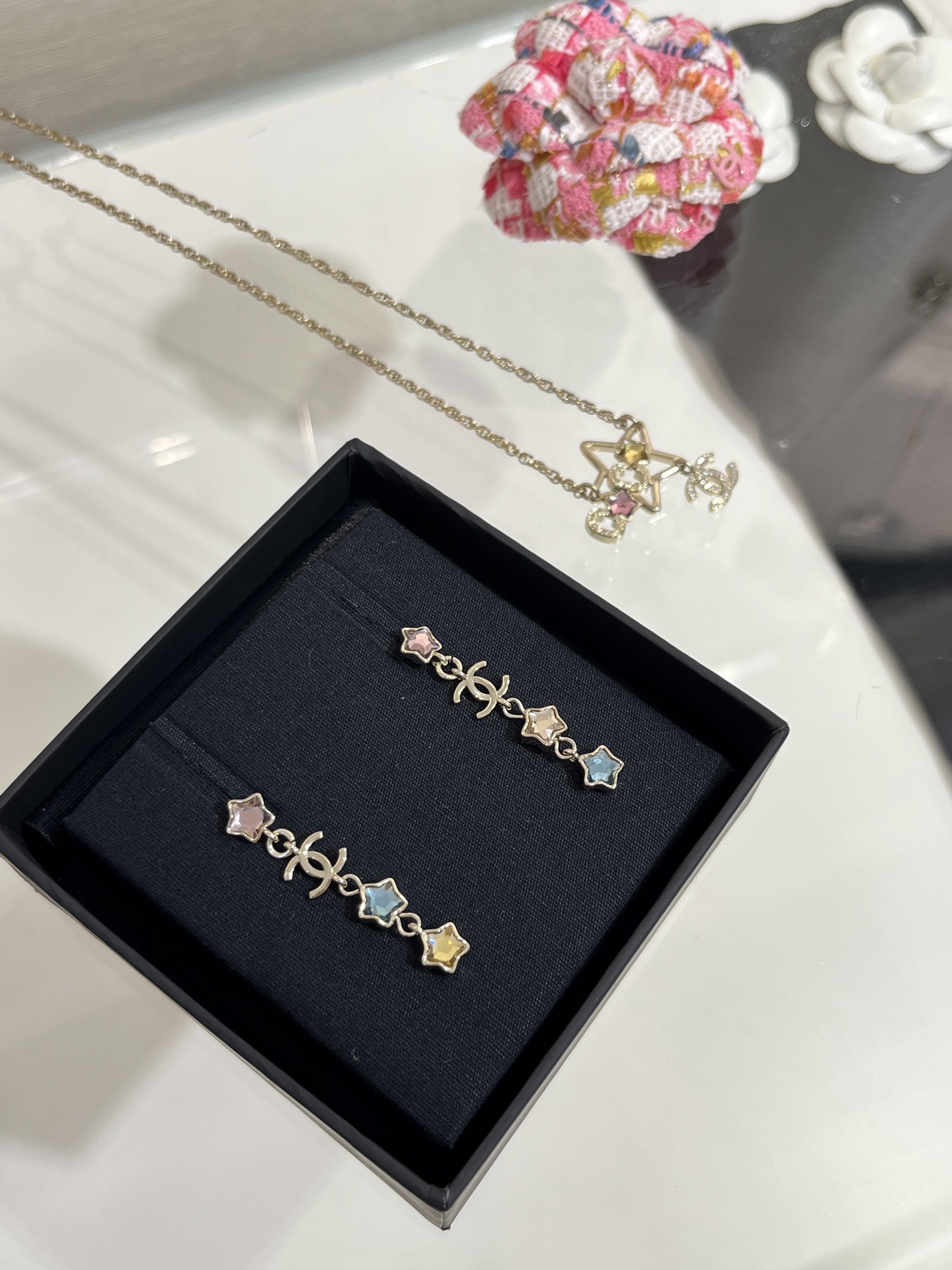 Chanel Asymmetric Colorful Crystal Star Tassel Earrings - Original Replica Club