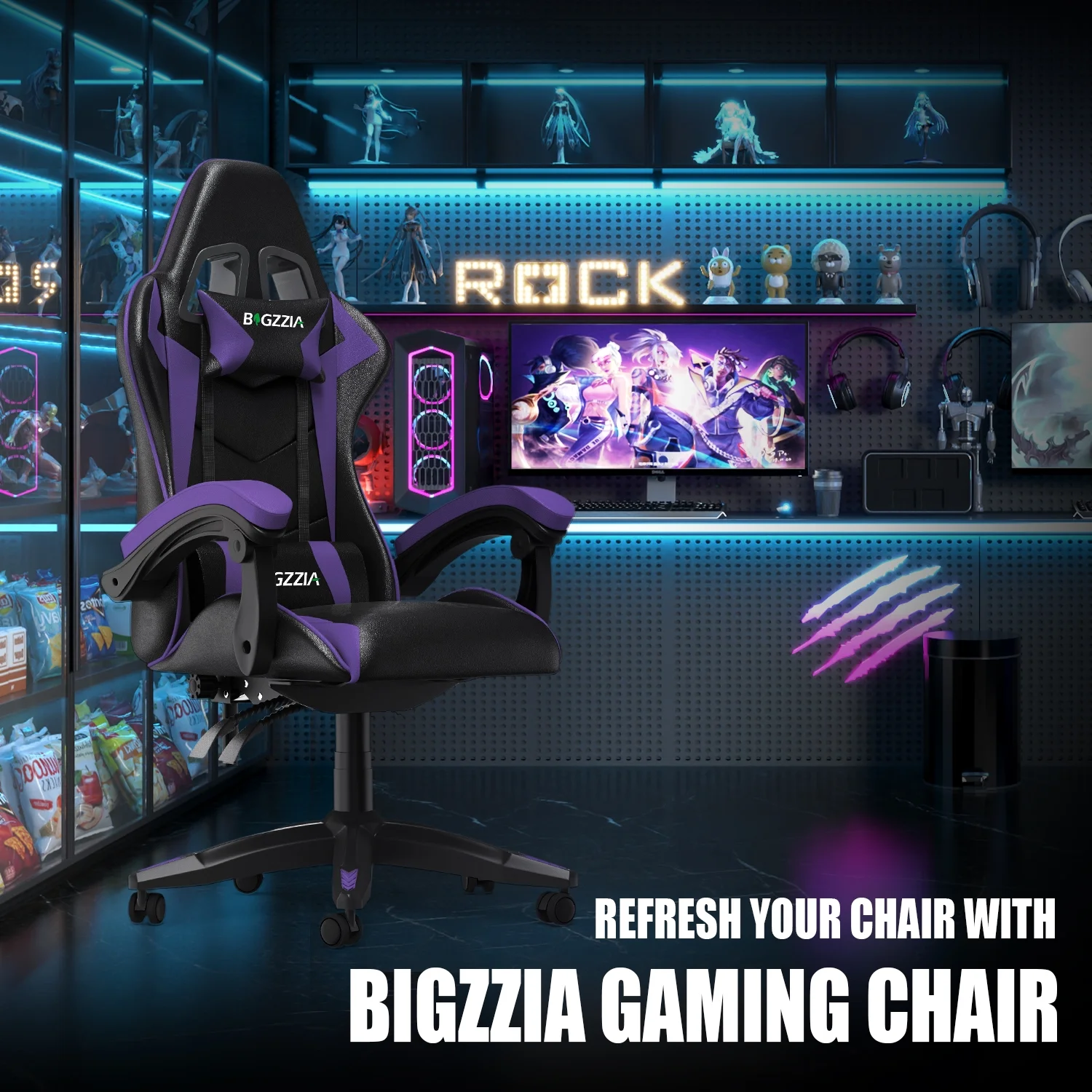 Bigzzia Gaming Chair Office Chair, Ergonomic Game Chair with Height Adjustable Headrest and Lumbar Support for Adults Teens, Black & White - Image 50