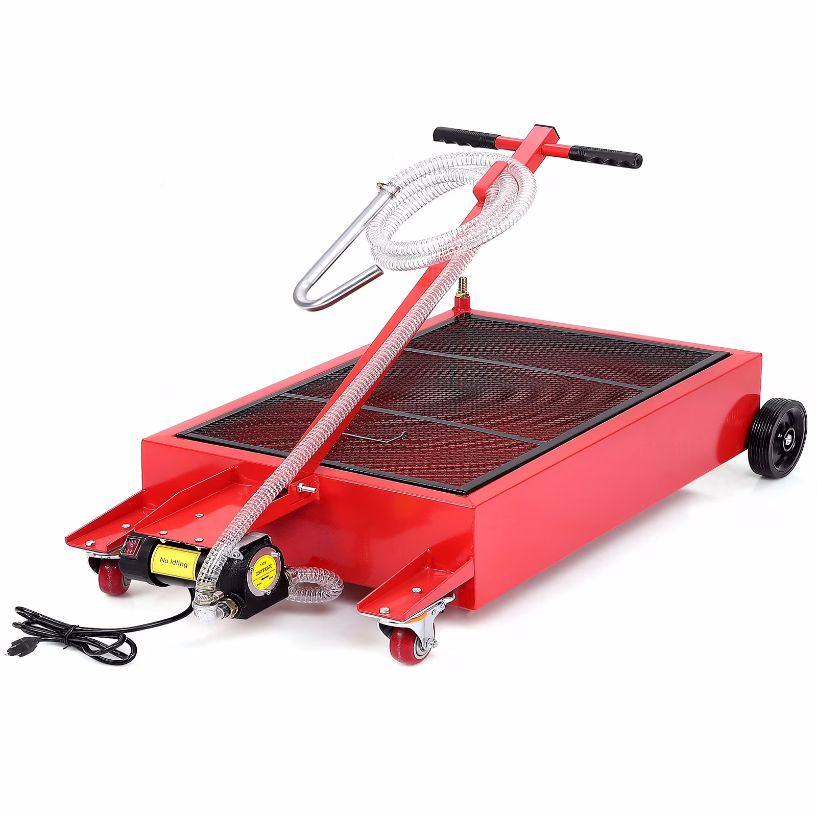 20 Gallon Electric Oil Drain Pan with 110V Pump 8 Ft Hose, Low Profile T Folding Handle Oil Drain Cart for Truck Cars Suvs, Red(Metal/20 gal/Red)