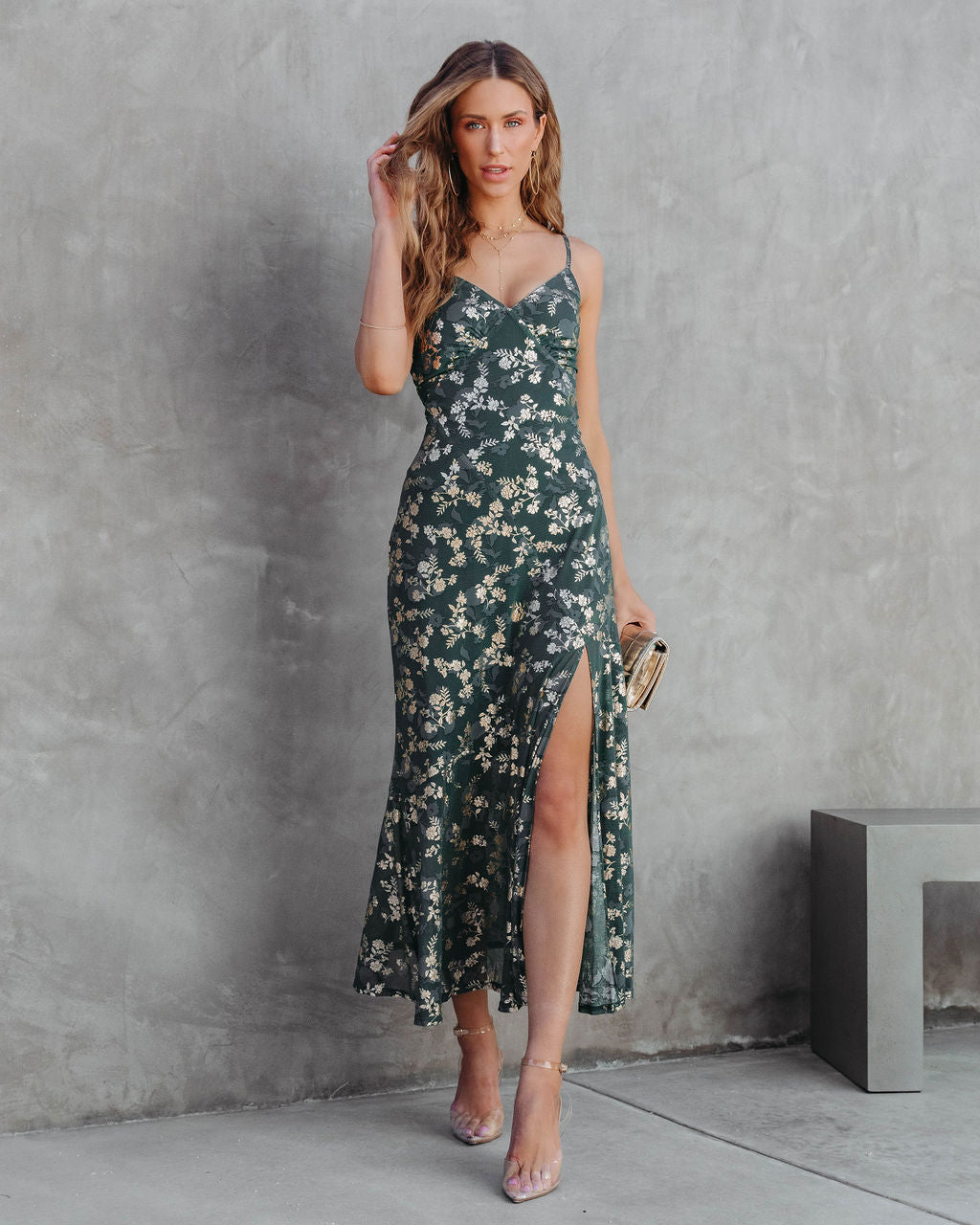 Earned It Floral Metallic Slit Maxi Dress - Green - Se7enfashion
