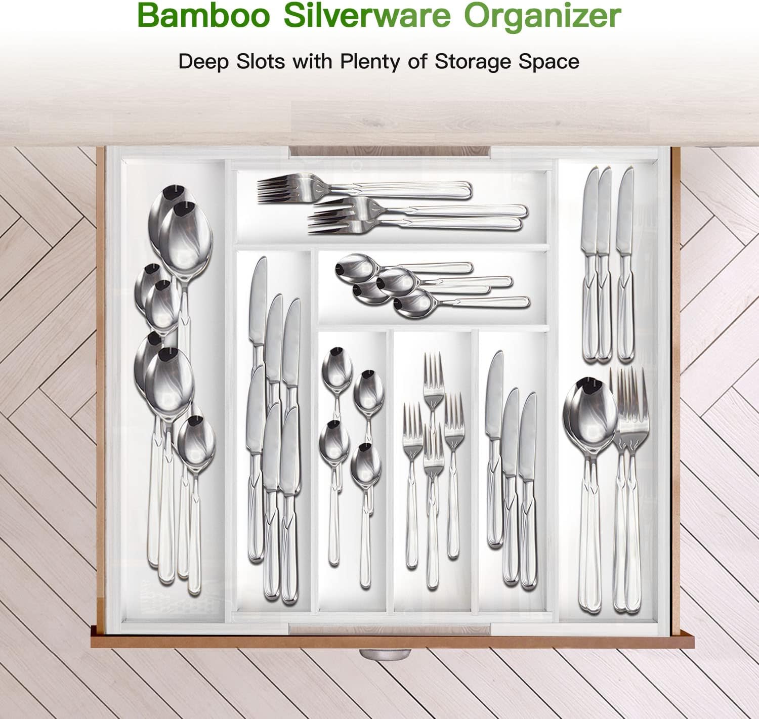 Pipishell Bamboo Expandable Drawer Organizer for Utensils Holder, Adjustable Cutlery Tray, Wood Drawer Dividers Organizer for Silverware, Flatware, Knives in Kitchen, Bedroom, Living Room (White)