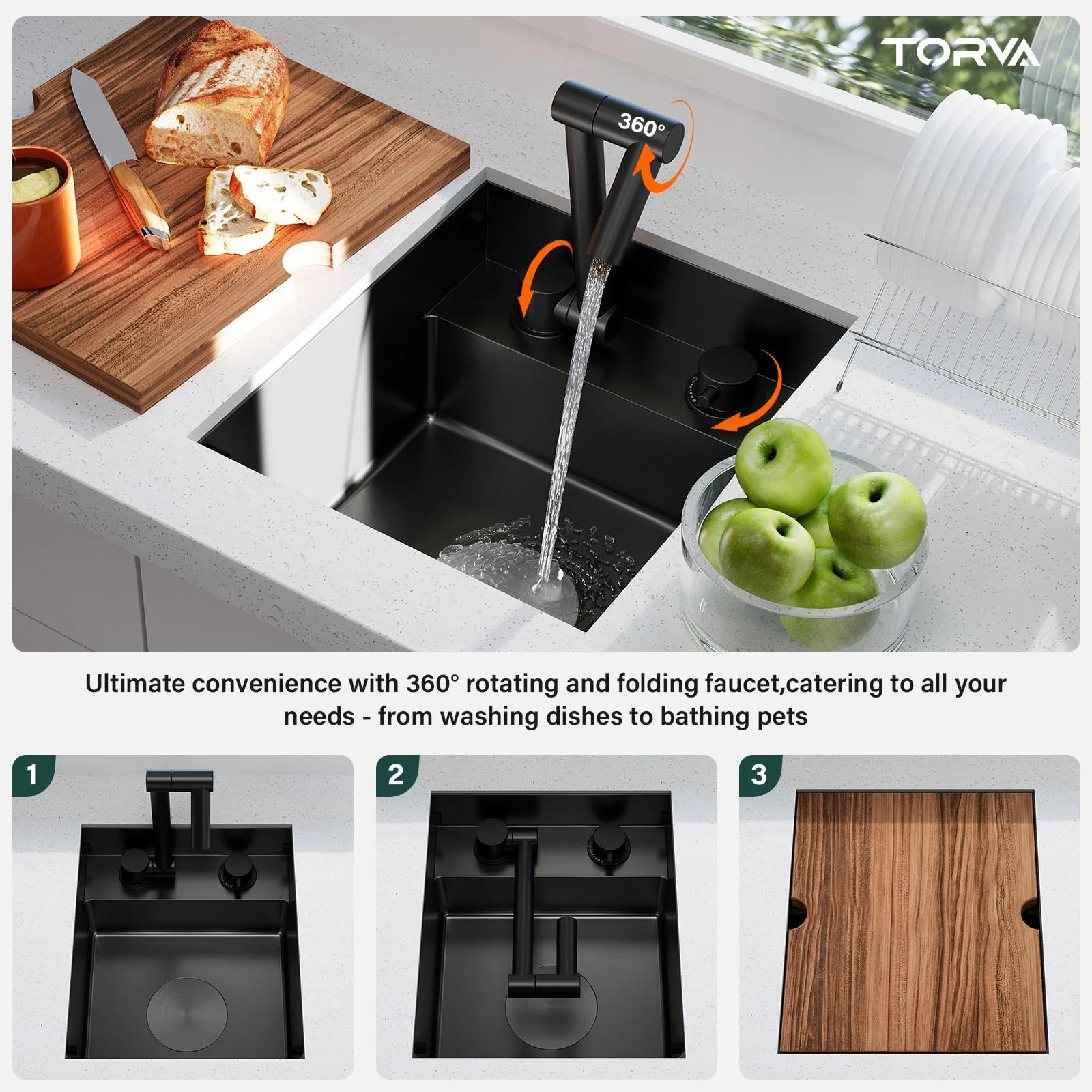 TORVA RV Kitchen Sink, 13 x 15 x 7 Inch Undermount Bar Sink 16 Gauge Stainless Steel Single Bowl Sink with Foldable Faucet Cutting Board, Dark Grey - Image 4