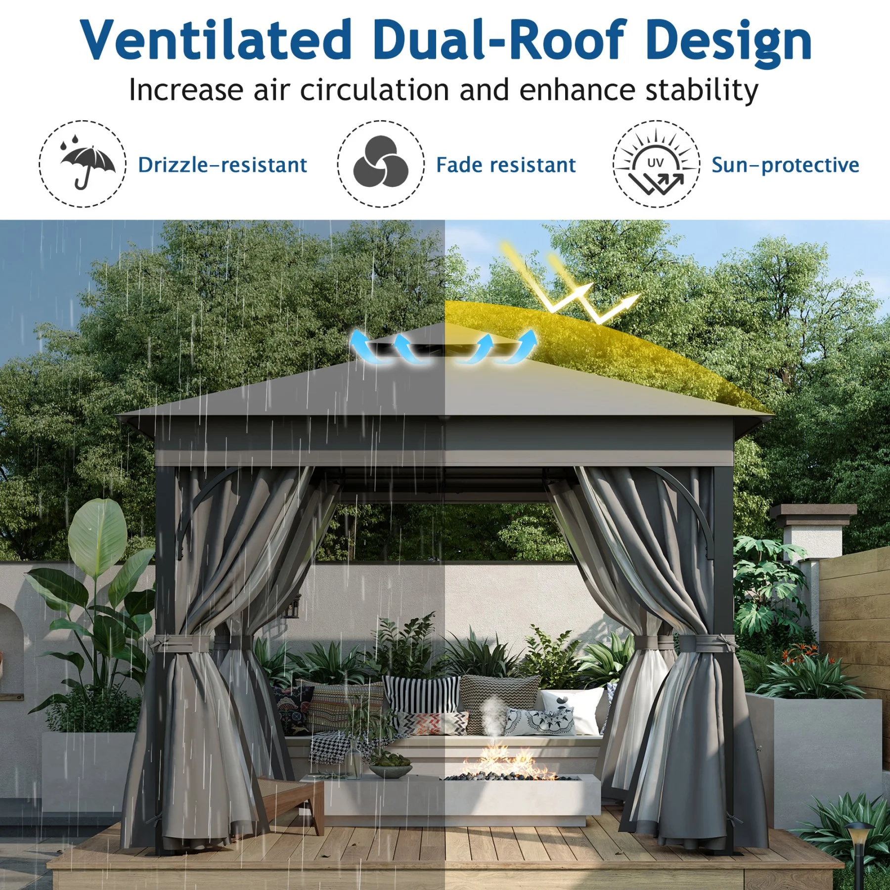 10'x10' Outdoor Gazebo,Patio Gazebo with Mosquito Netting and Privacy Screens for Backyard, Garden, Lawn and Deck,Grey - Image 6
