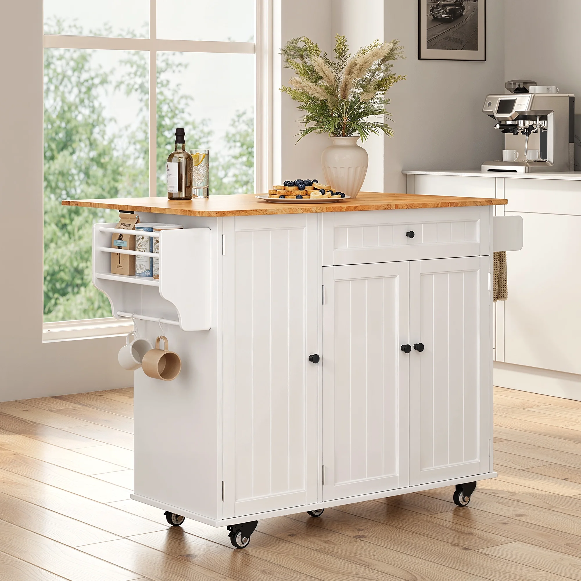 Kitchen Island with Storage - Lofka Rolling Kitchen Cart with Solid Wood Top,Drawers,Spice Rack & Towel Bar - Mobile Workstation for Small Kitchen,Dining Room ,White - Image 7