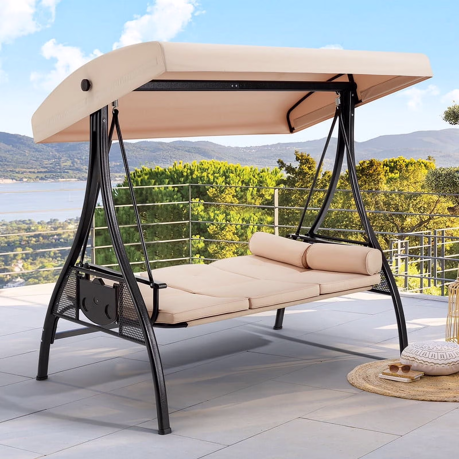 Homrest 3 Person Patio Outdoor Porch Swing with Adjustable Canopy, Backrest, Swing Bed with Stand for Garden,Deck - Image 5