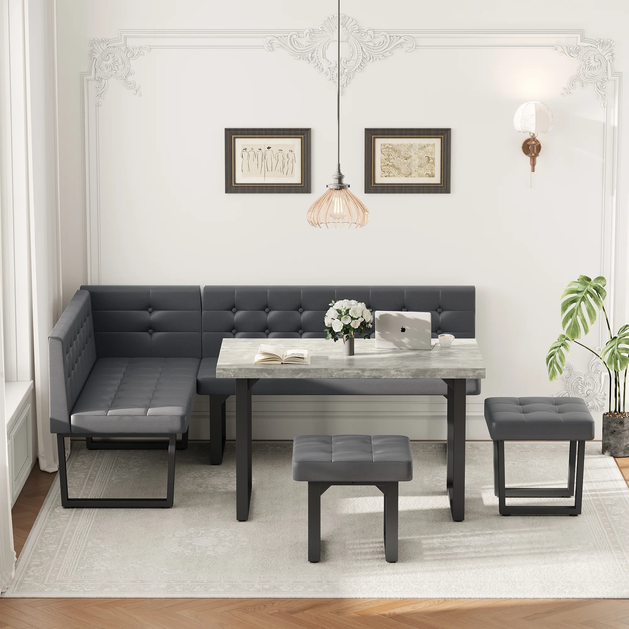 Brafab 5 Piece Corner Dining Breakfast Nook with Table and Bench Modern Kitchen Table Set with Gray Upholstered Banquette Seating - Image 5
