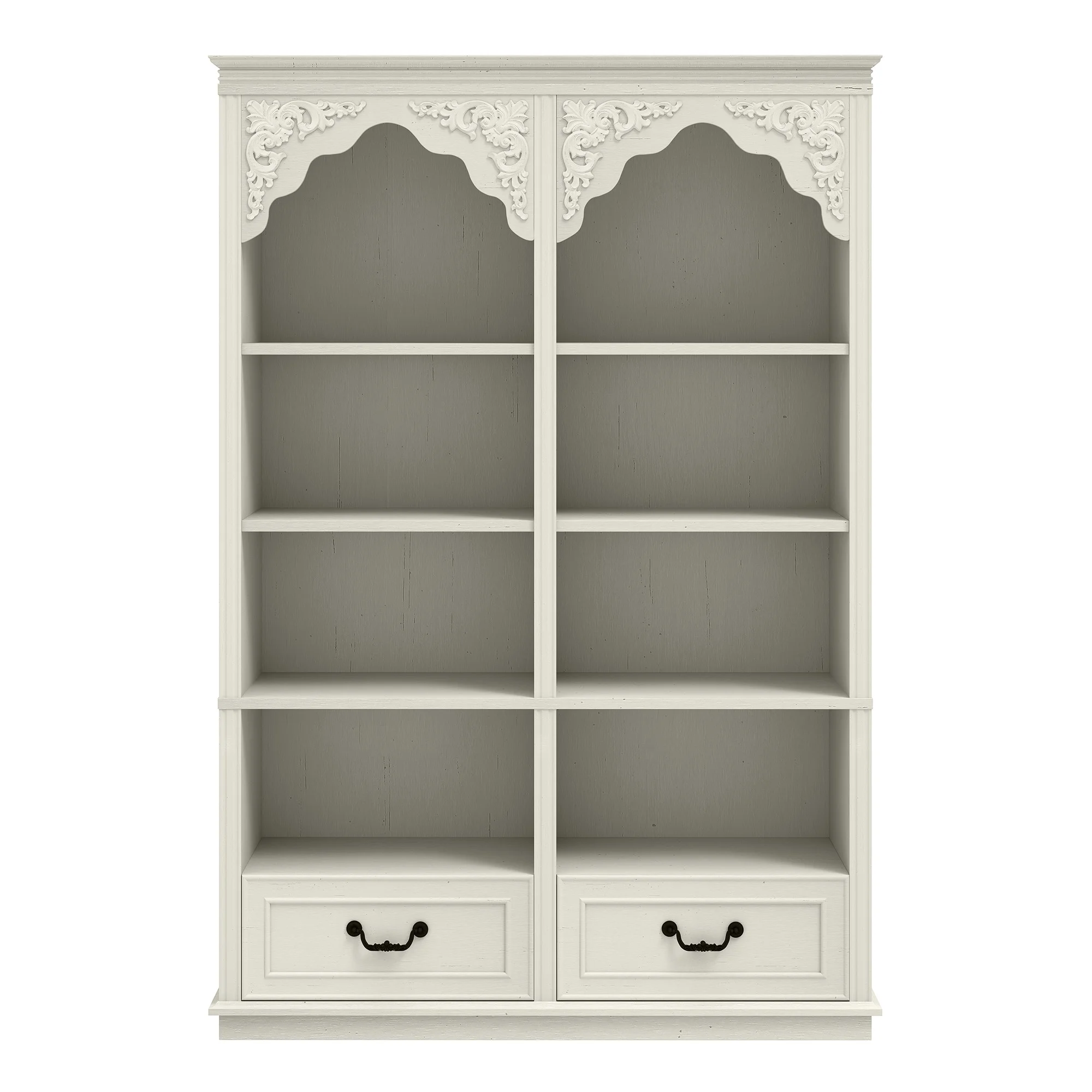 ModFusion 70" Distressed White Bookshelf with Adjustable Shelves and Two Drawers - Image 10
