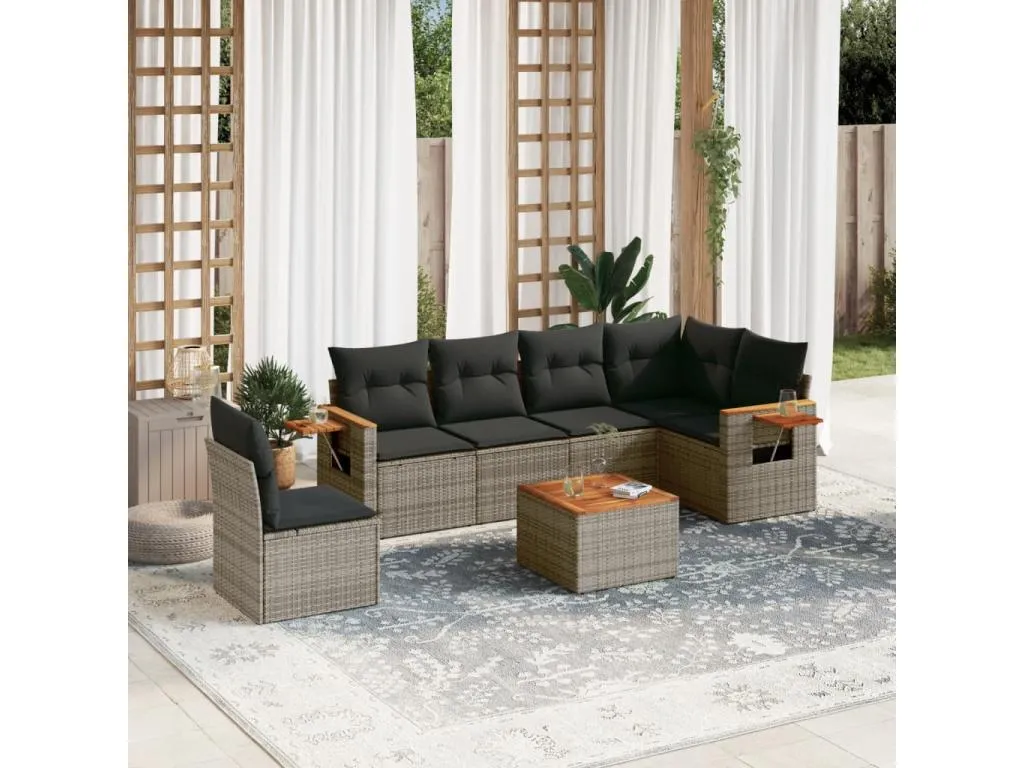 Hogarmini Set de sofás de jardín 7 piezas con cojines ratán PE gris iwwt73415