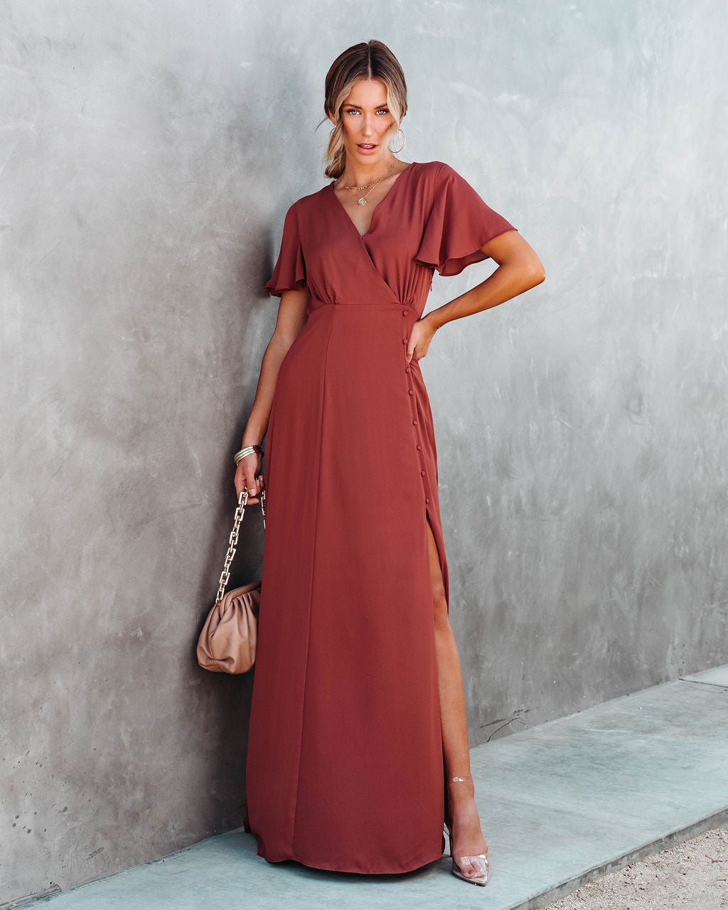Last Forever Flutter Sleeve Maxi Dress - Brown Rust - Se7enfashion