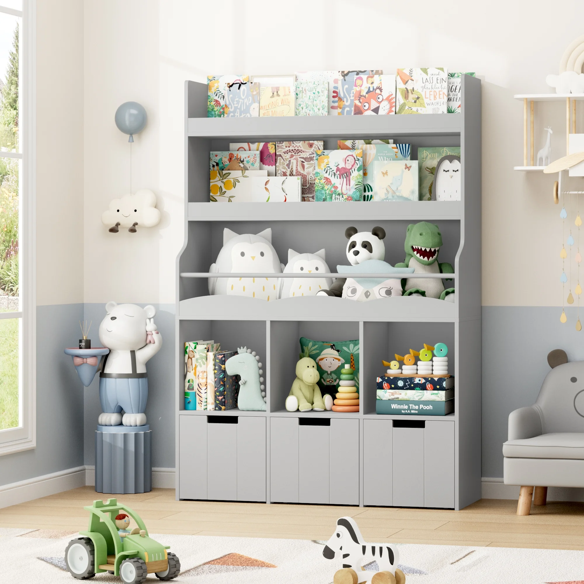 Homfa 55.5- H Kids Bookshelf with 2-Tier Book Shelves, Children Toy Organizer with 3 Cubes and Removable Drawers, White - Image 16