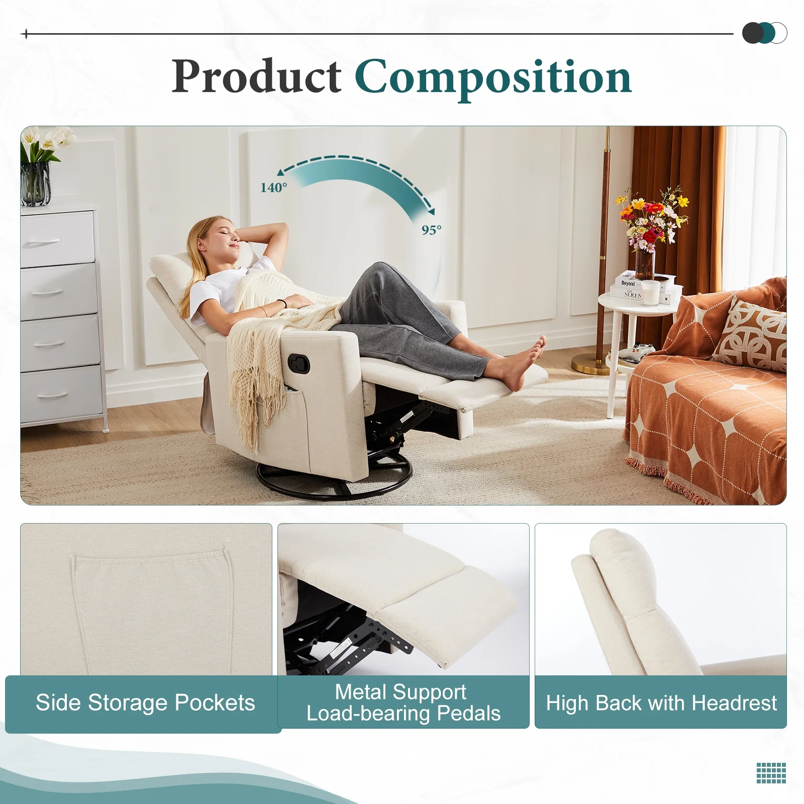 Recliner Message Chair with Footrest, Swivel Rocking Glider, High Back Upholstered Deep Seat for Living Room, Grey - Image 24