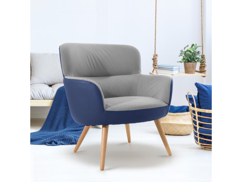 Sillón Nidolux Kai 77x73 4x81 4 cm Azul y Poliéster Gris Tapizado Bicolor Patas en Madera de Haya Natural Reposabrazos