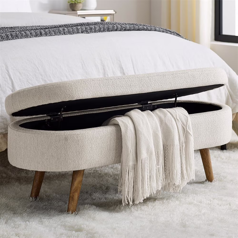 Sumdeal 43.5" Storage Ottoman Bench with 250lb Seating, Linen Upholstered Wood Legs Safety Hinge Flip Top Oval Foot Rest Long Stool for Sofa Couch Bedroom End of Bed Living Room Entryway, White - Image 3