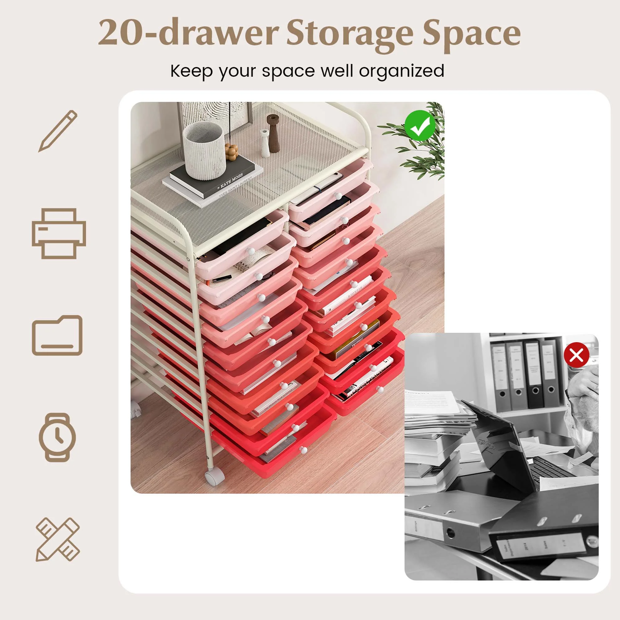 Costway 20 Drawer Rolling Storage Cart Tools Scrapbook Paper Office School Organizer Yellow - Image 61