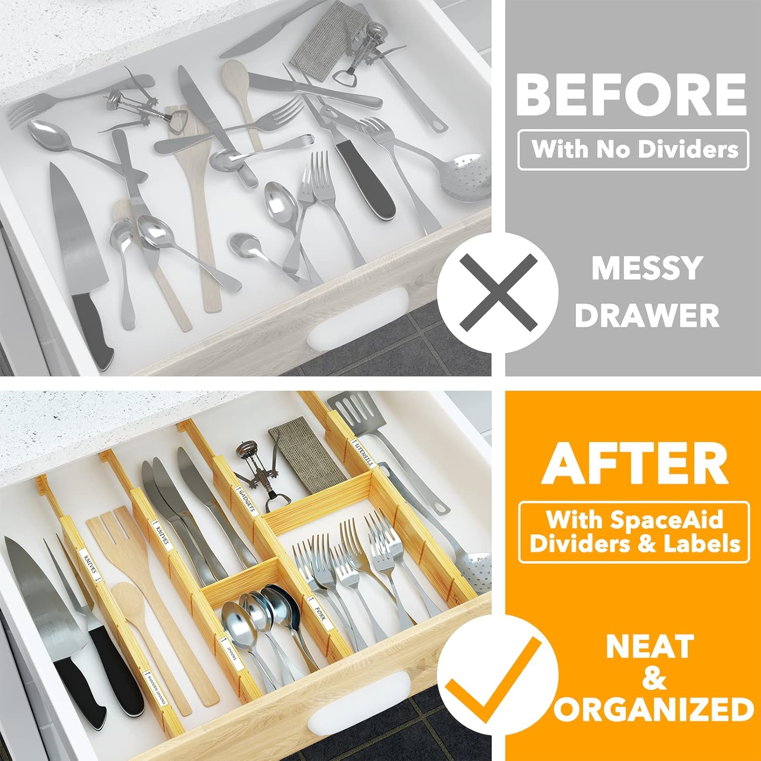 SpaceAid Bamboo Drawer Dividers with Inserts and Labels, Kitchen Adjustable Drawer Organizers, Expandable Organization for Home, Office, Dressers, 4 Dividers with 9 Inserts (17