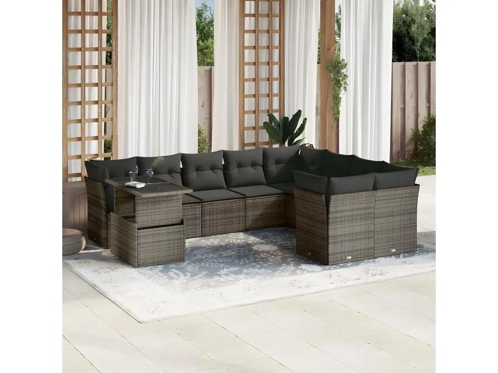 Set de sofás de jardín 10 piezas con cojines ratán sintético gris