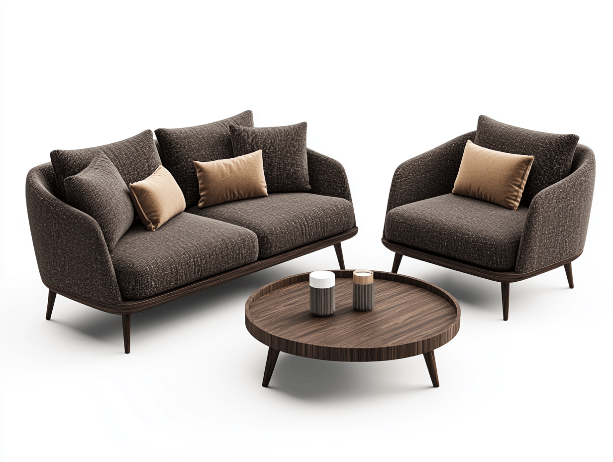 Conjunto de sofá moderno de tela marrón con sillón individual y mesa de centro redonda de madera estilo minimalista