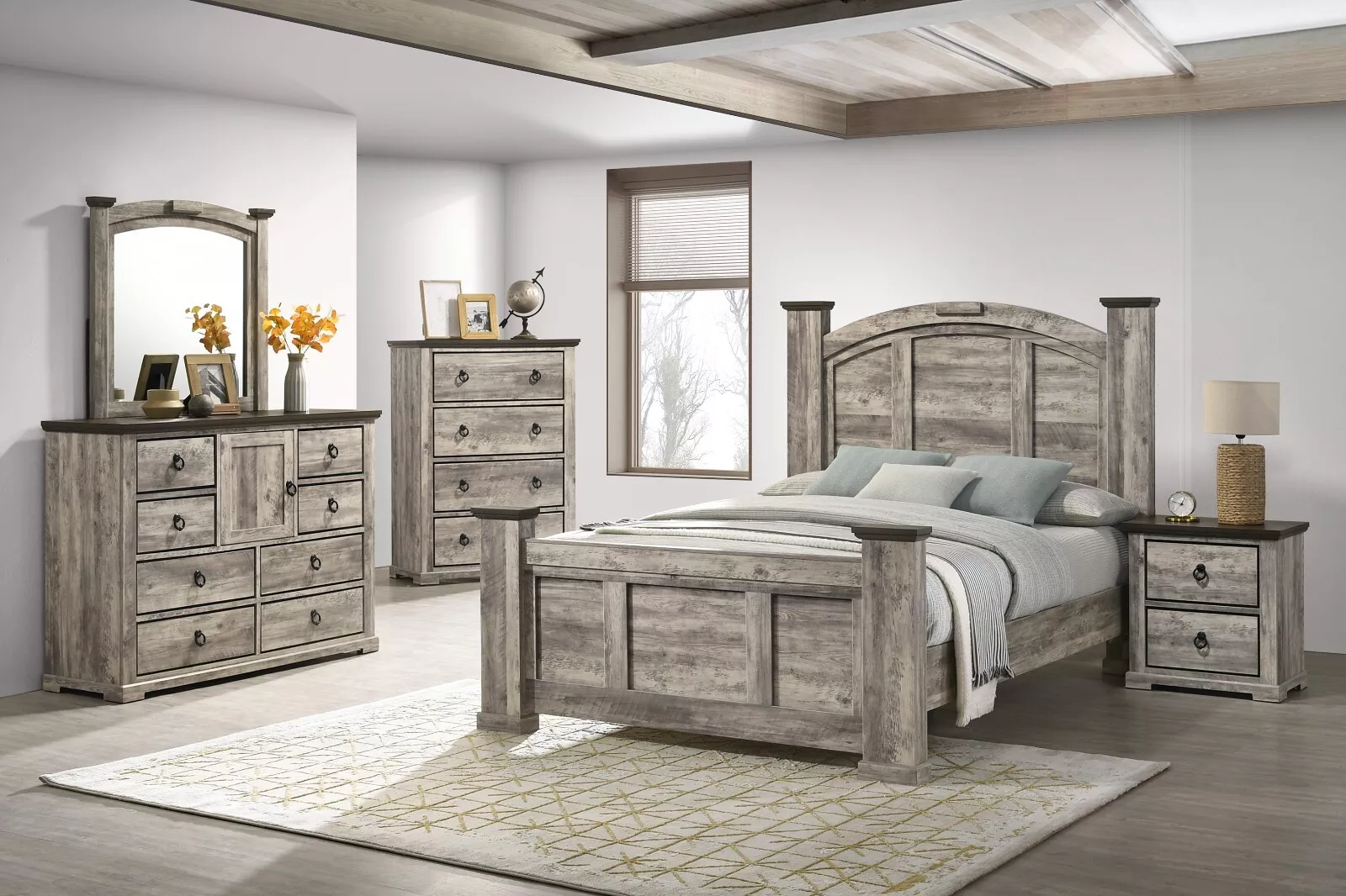 Rustic Gray Poster King Size 3pc Bed Set Storage Chest Nightstand Furniture - Image 9