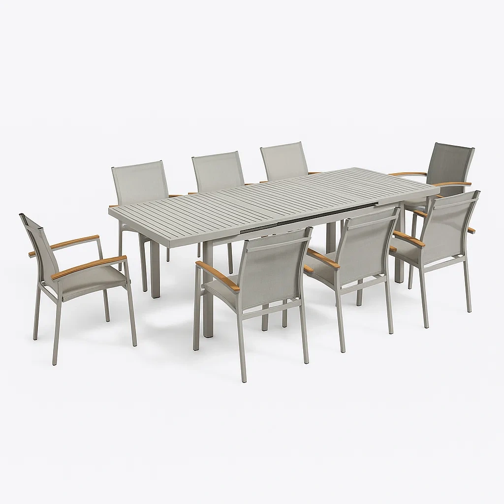 Conjunto de comedor de jardín para 8 personas, estructura de metal y textileno, mesa extensible, 8 sillas, Gris claro y madera - DIlPrch177pX