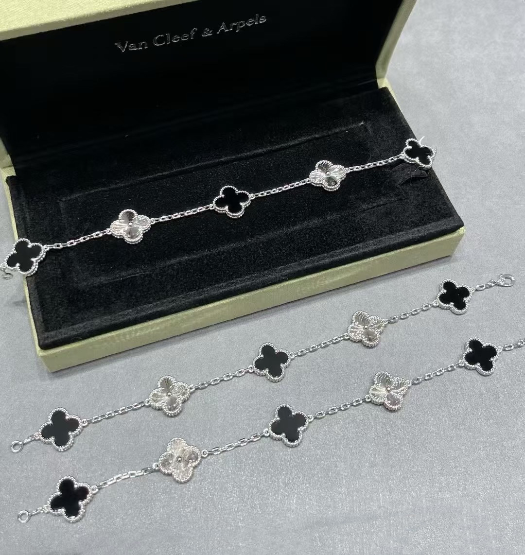 VCA Black Onyx & Silver Vintage Alhambra Bracelet, 5 Motifs - Original Replica Club