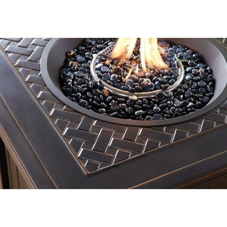 2025 5-Piece Steel Patio Fire Pit Conversation Set with Navy Blue Cushions, Swivel Gliders and Square Fire Pit Table