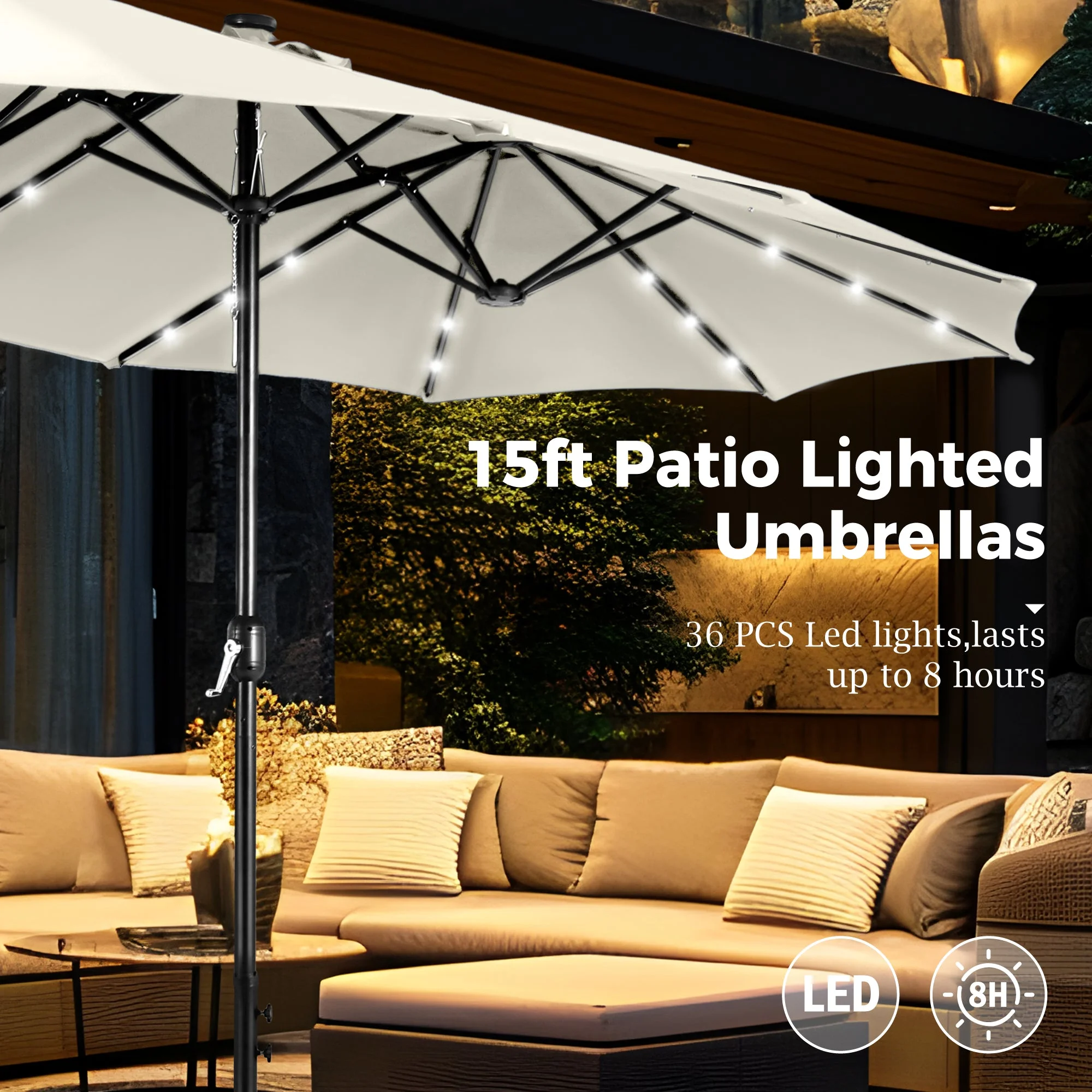 Alpha Joy 15ft Extra Large Outdoor Patio Double-Sided Umbrella with LED Solar Lights & Umbrella Base, Beige - Image 42