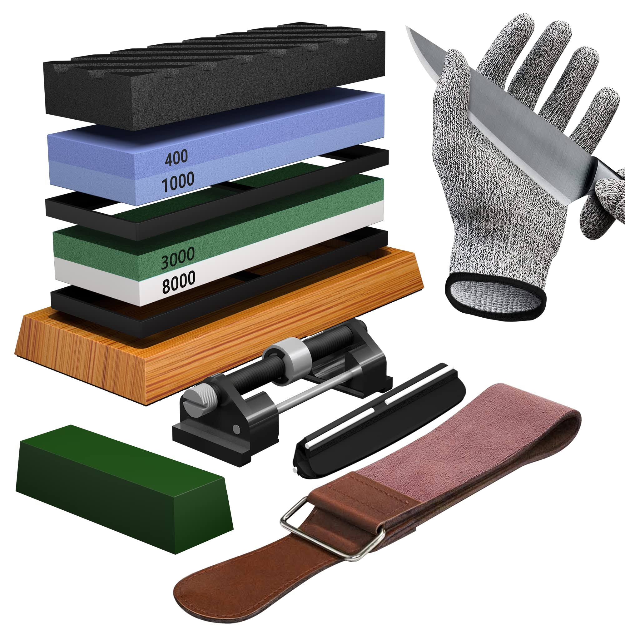 YeopAsda Knife Sharpening Stone Set - Premium 4 Side Grit 400/1000 3000/8000 Whetstone Sharpener Kit - Non-Slip Bamboo Base,Cut Resistant Gloves, Angl
