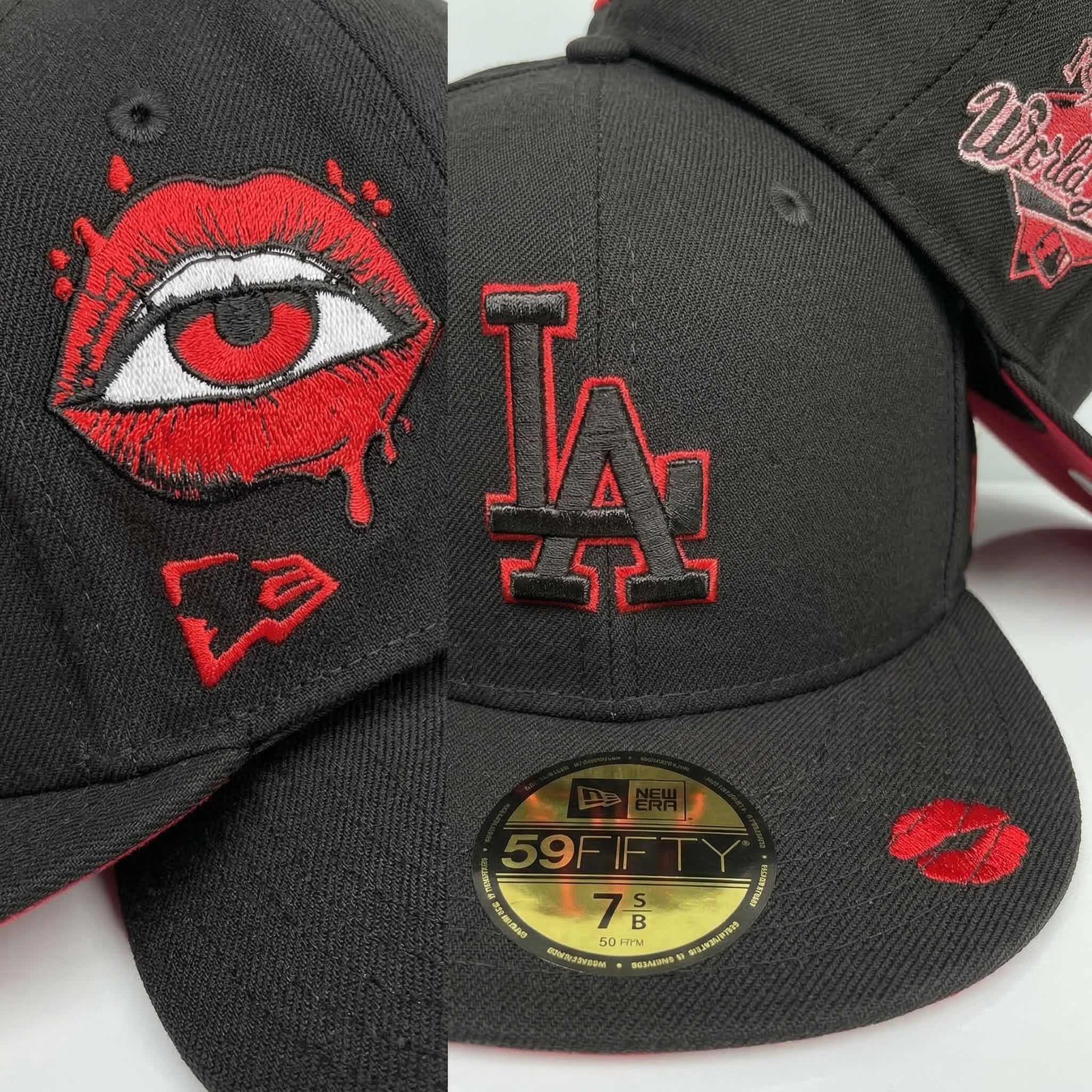 Detailed close-up view of a colorful embroidered shark and ocean waves side patch on a black fitted cap.