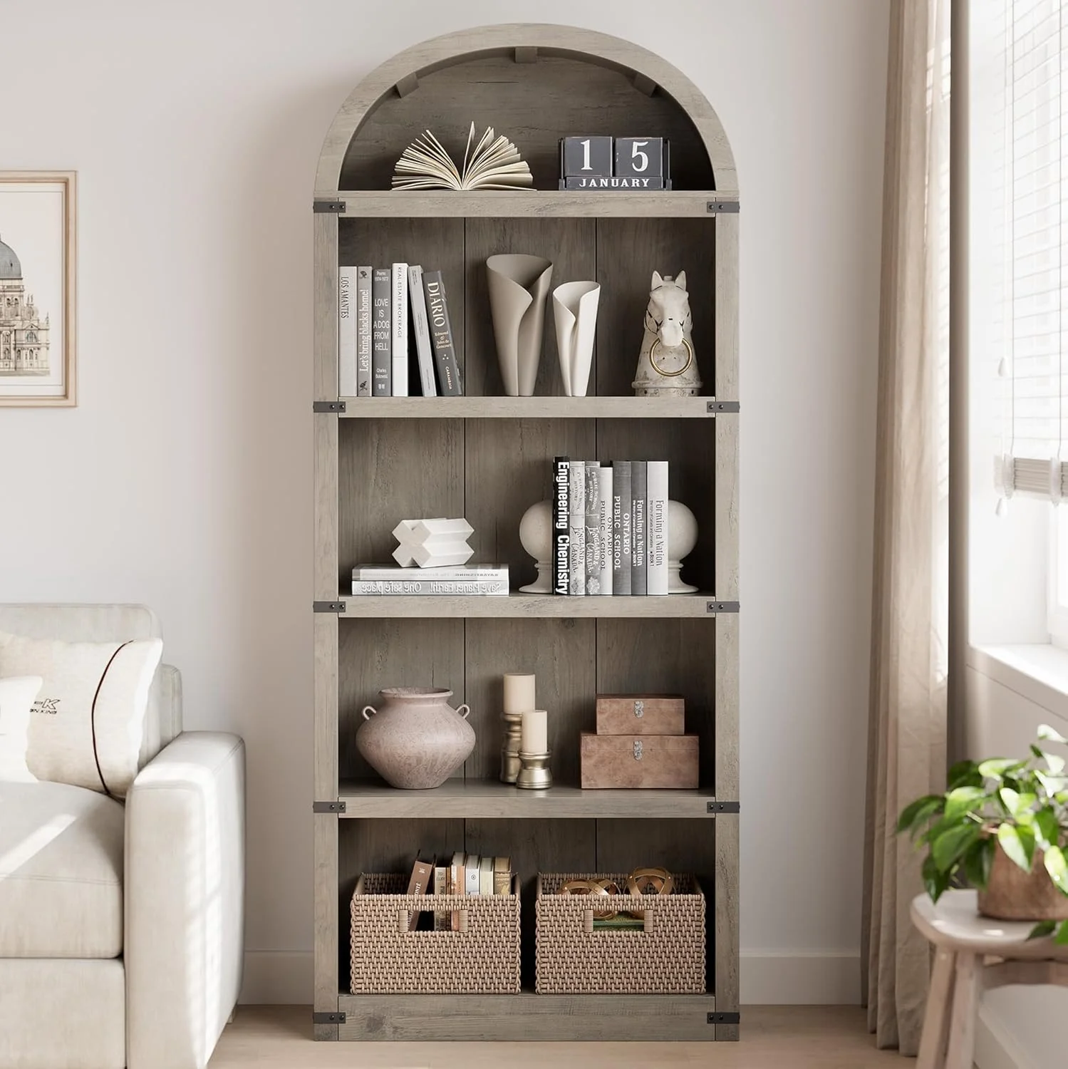 Bookcase 5 Shelf Arched Bookshelf 71.65in Tall Bookcase Farmhouse Display Storage Rack Wooden Bookshelves for Home Office, Living Room(white) - Image 11