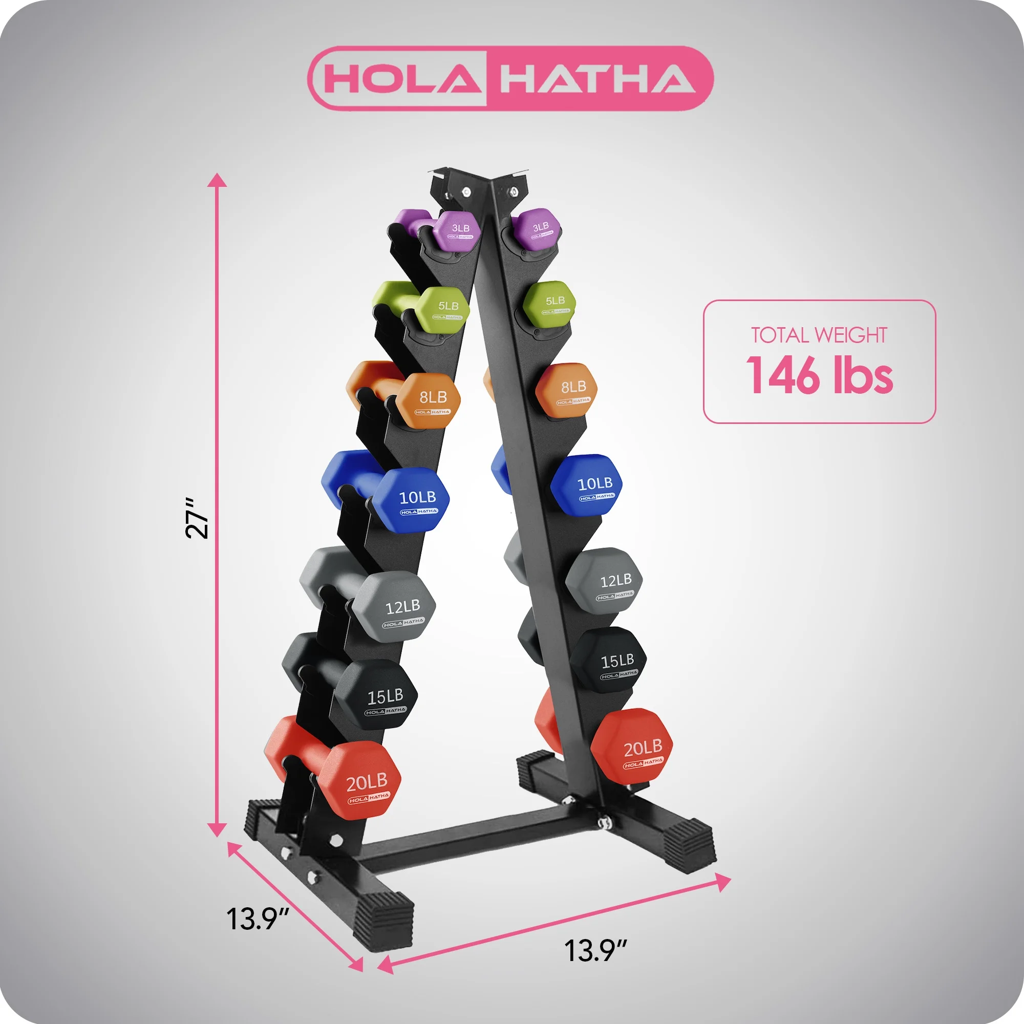 HolaHatha Neoprene Dumbbell Weight Set with Rack (Black), 112.5 lb - Image 25