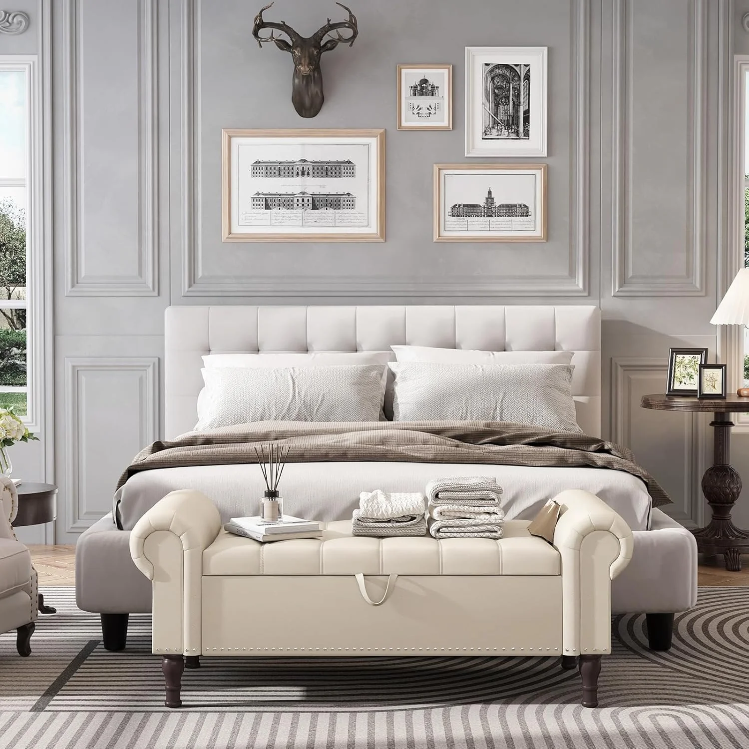 YOUDENOVA Storage Ottoman Bench for Bedroom 51" Queen Leather Storage Bench with Button, Upholstered Bedroom Bench with Rolled Arms for Living Room, Storage Room, Entryway, Gray - Image 13