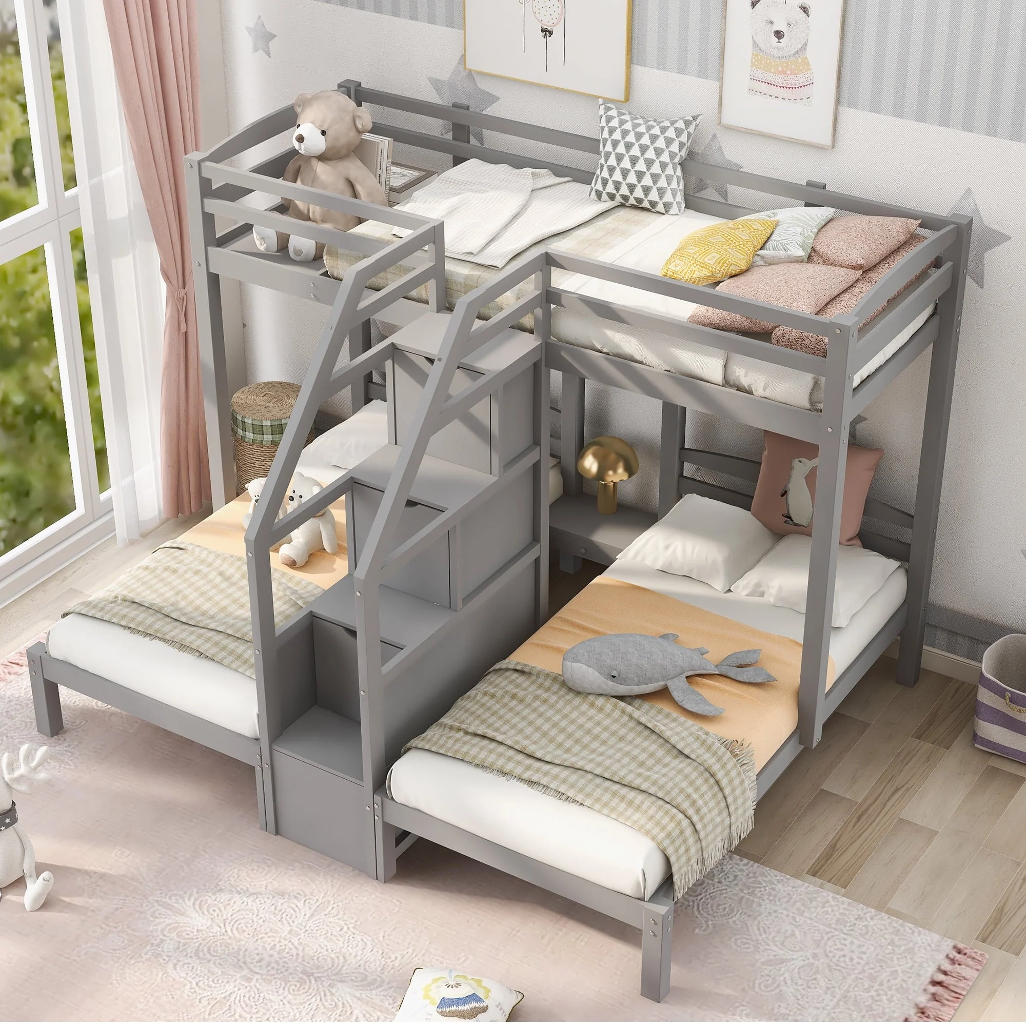 EUROCO Twin Over Twin Twin Bunk Bed with Staircase and Drawers for Kids Bedroom, 3 - in - 1 Bunk for More Kids, Storage Staircase, Gray