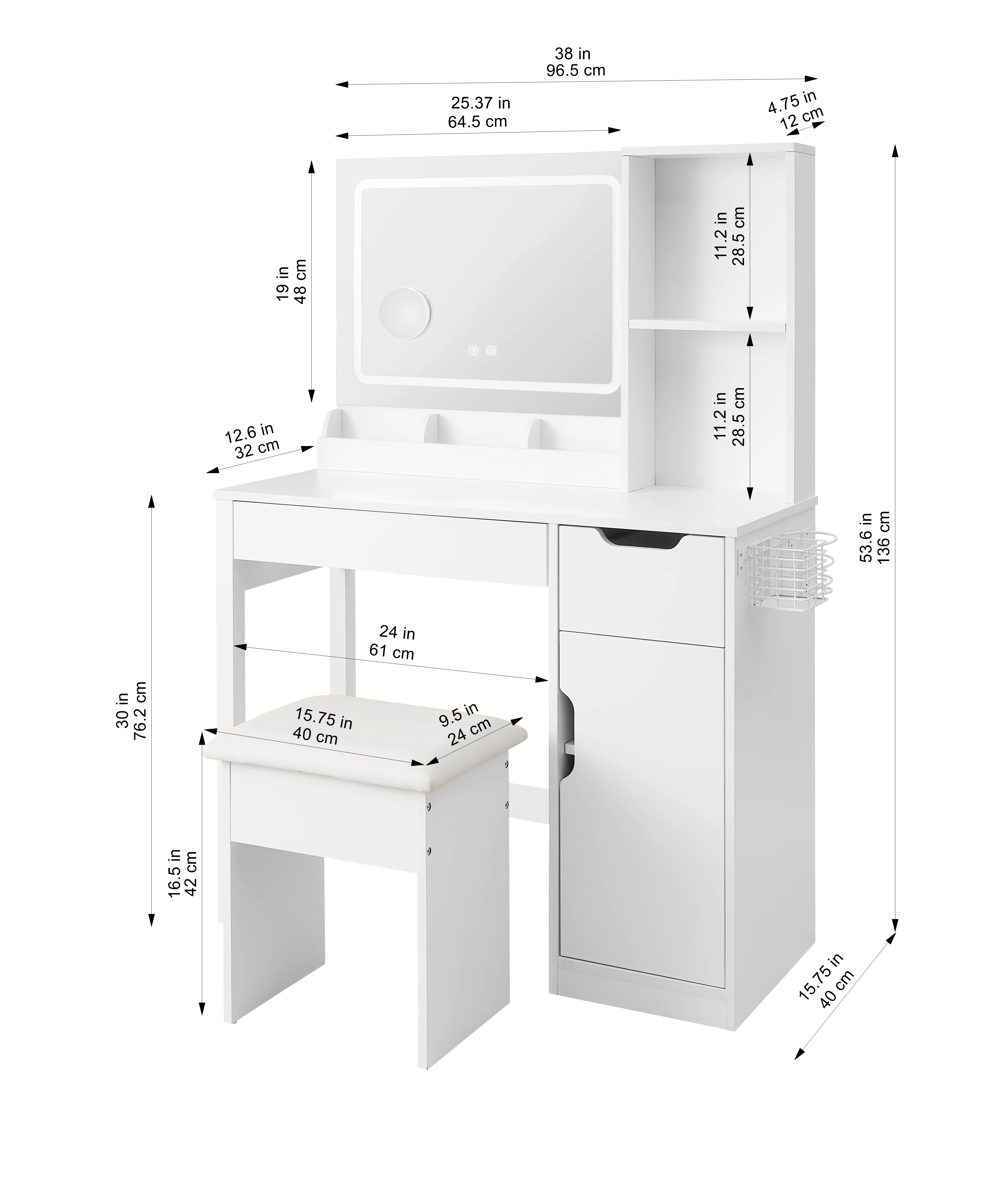 Mainstays Get Ready with Me GRWM Deluxe 2-Piece Vanity and Stool with Lighted Mirror and USB Power, White Finish - Image 15