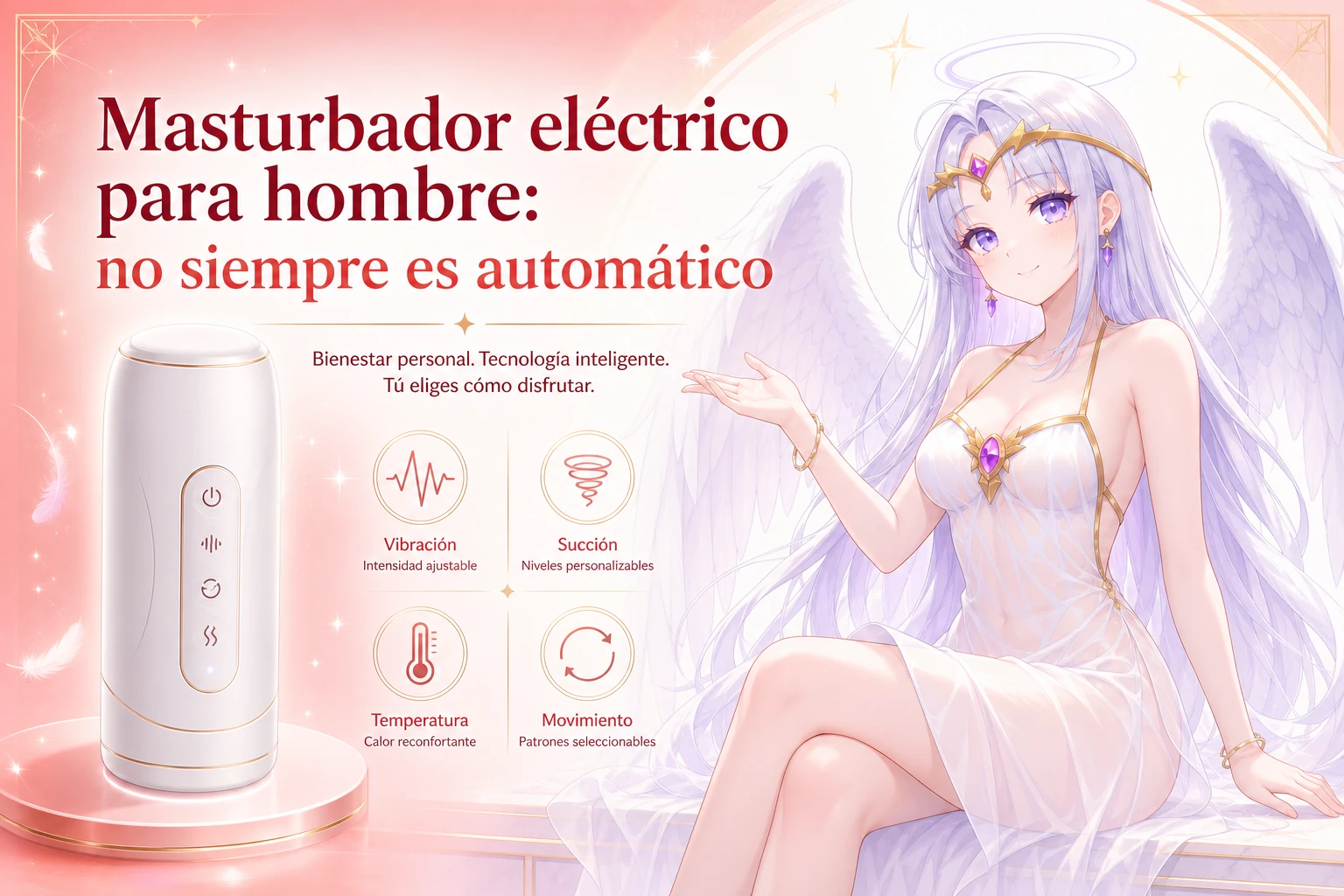 Masturbador eléctrico para hombre con iconos de succión, vibración, calor y movimiento