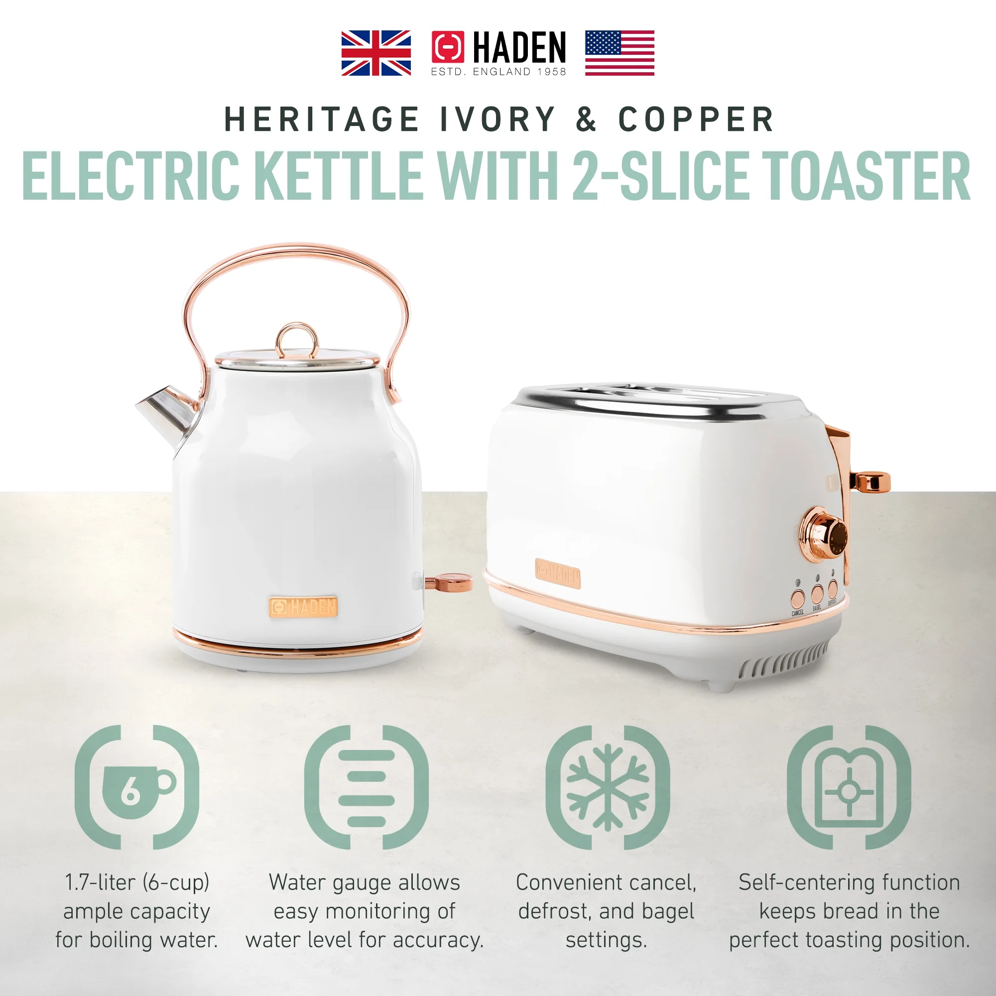 Haden Heritage 1.7 Liter Electric Kettle with 2 Slice Bread Toaster, White - Image 46
