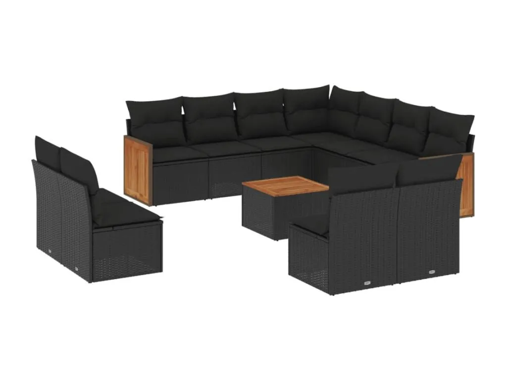 Set de sofás de jardín – 12 piezas – Ratán sintético negro con cojines incluidos – Biocasahogar AM8144015